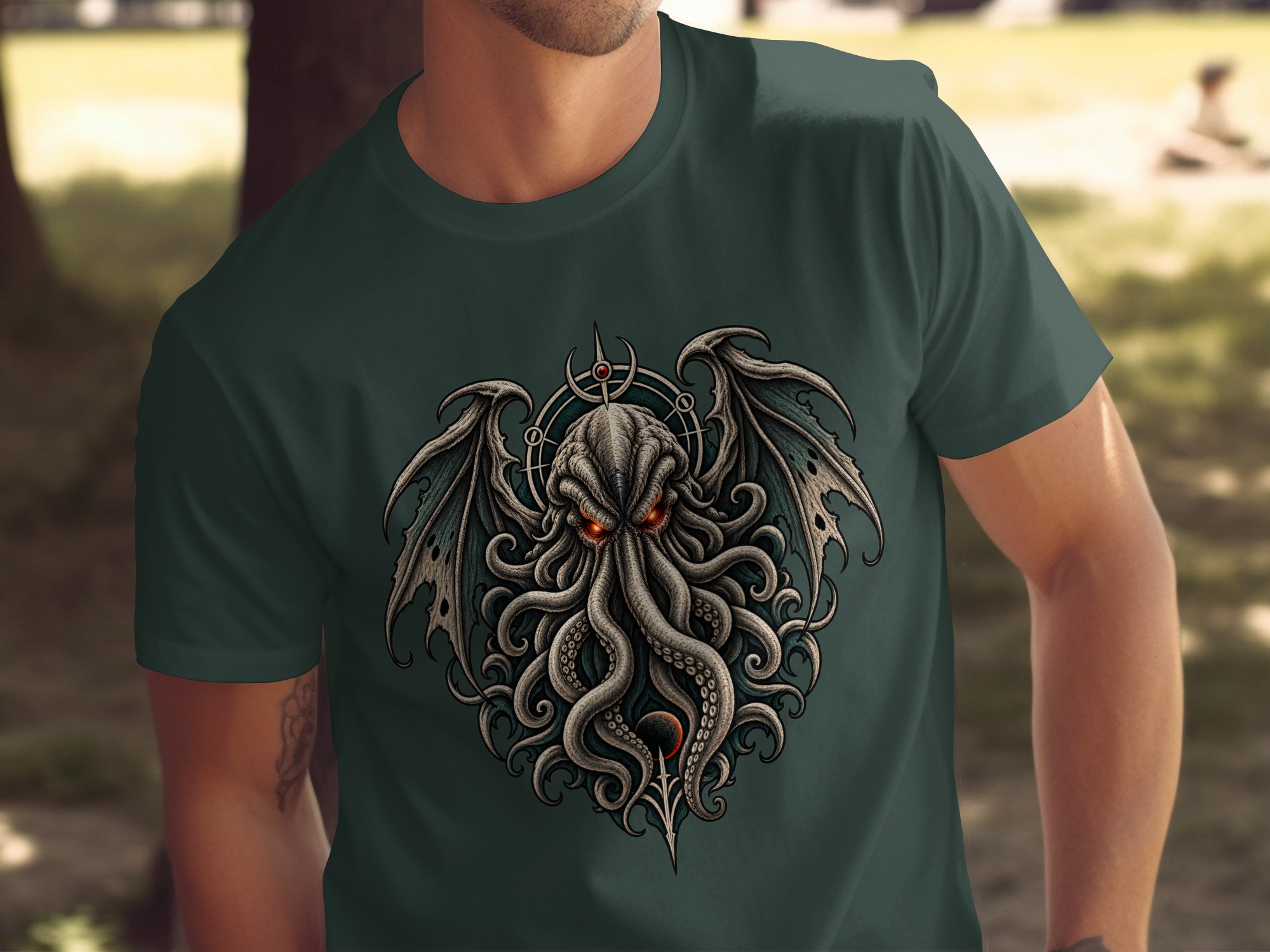 Cthulhu T-Shirt with Eldritch Tentacles & Bat Wings | Lovecraftian Mythos Dark Fantasy Gothic Horror Tee