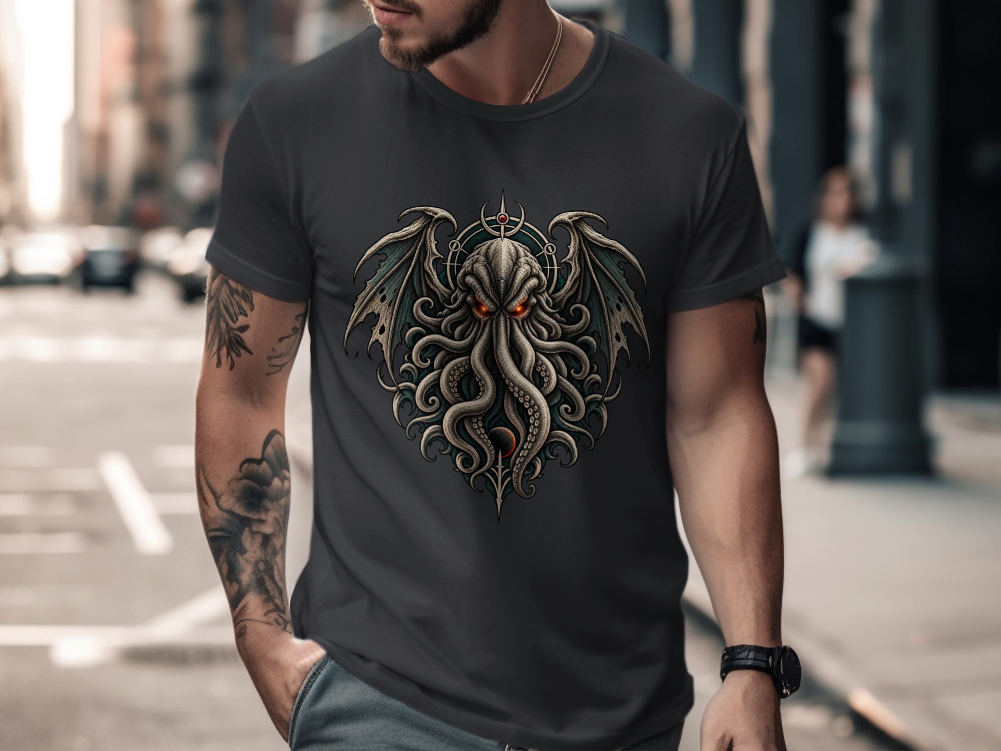 Cthulhu T-Shirt with Eldritch Tentacles & Bat Wings | Lovecraftian Mythos Dark Fantasy Gothic Horror Tee - Image 8