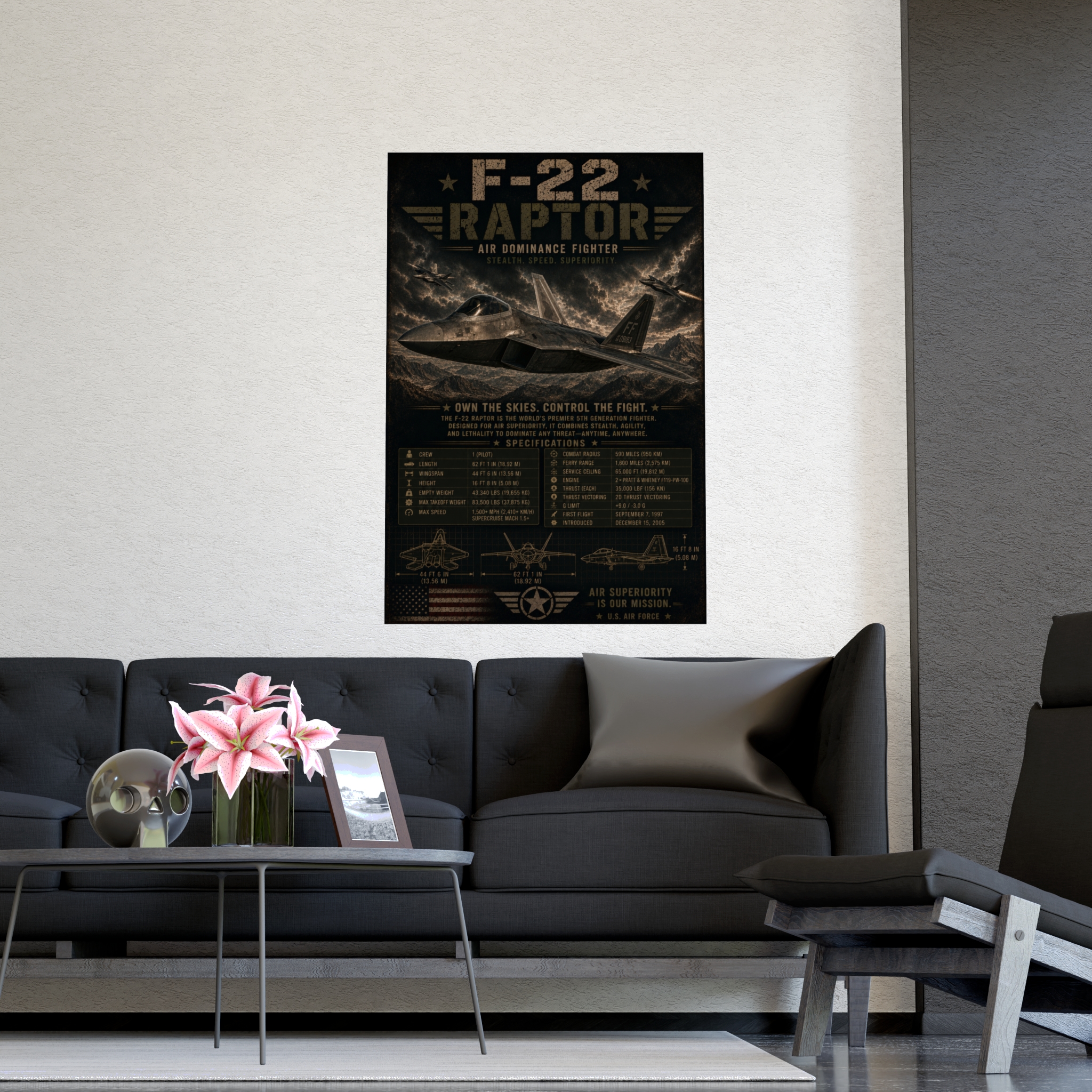 F-22 Raptor Fighter Jet Poster, US Air Force Military Aviation Print, Stealth Aircraft Specifications Wall Art, Pilot Gift - Image 3