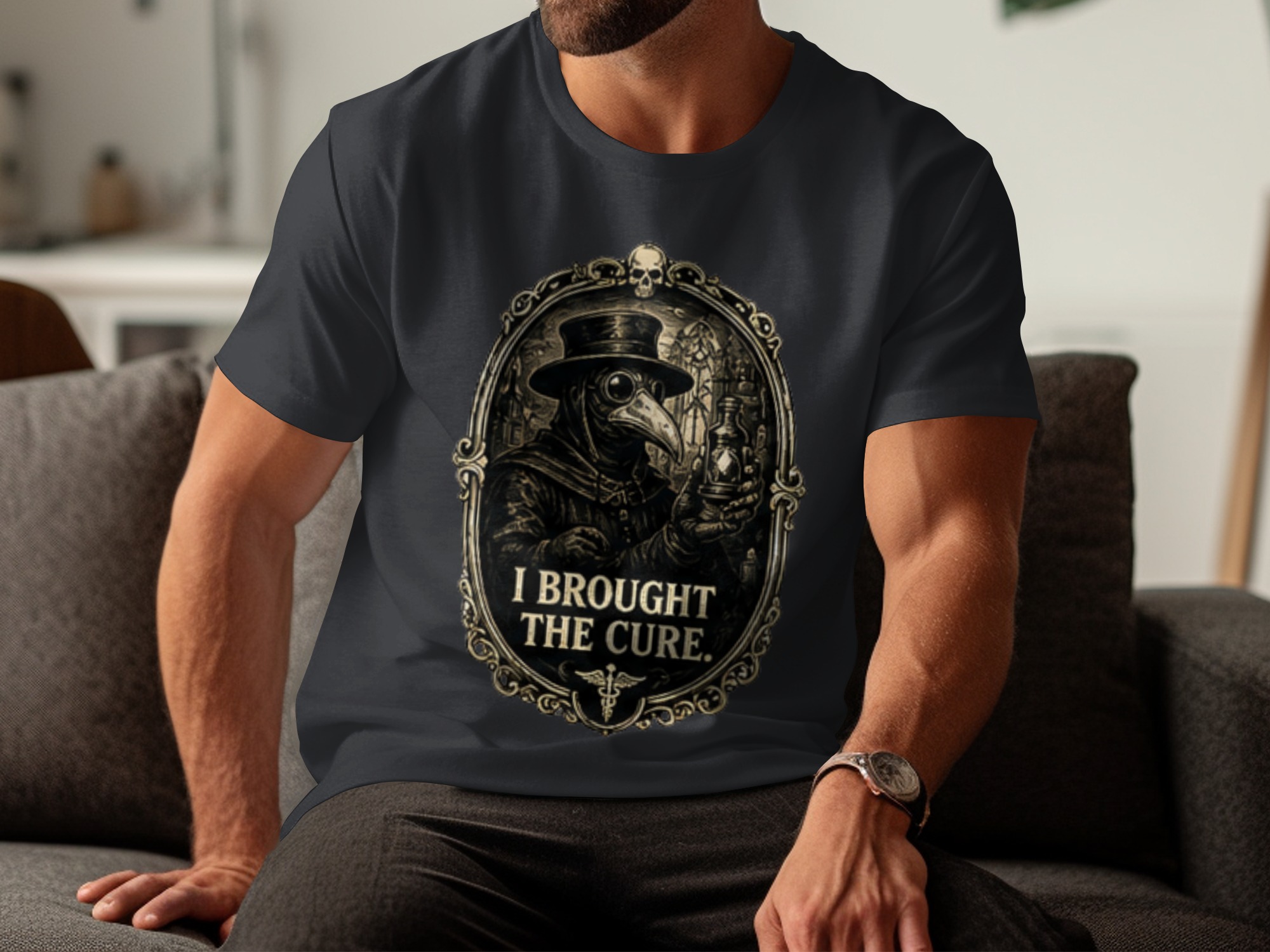 Plague Doctor 'I Brought The Cure' T-Shirt | Gothic Dark Academia Vintage Medical History Tee | Steampunk Renaissance Macabre Art Shirt Gift - Image 3