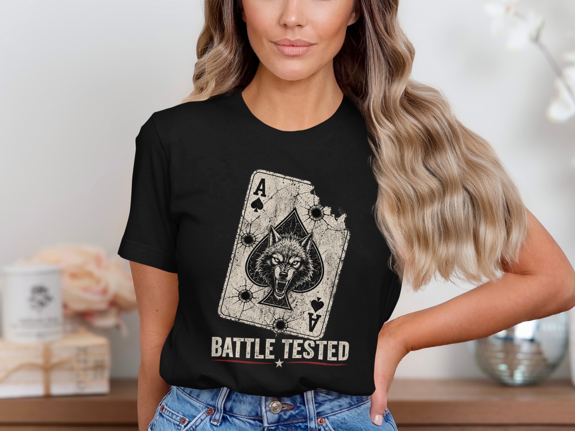 Battle Tested Wolf Ace of Spades T-Shirt, Distressed Grunge Tactical Biker Graphic Tee, Edgy Streetwear Gift For Him Poker Card - Image 2