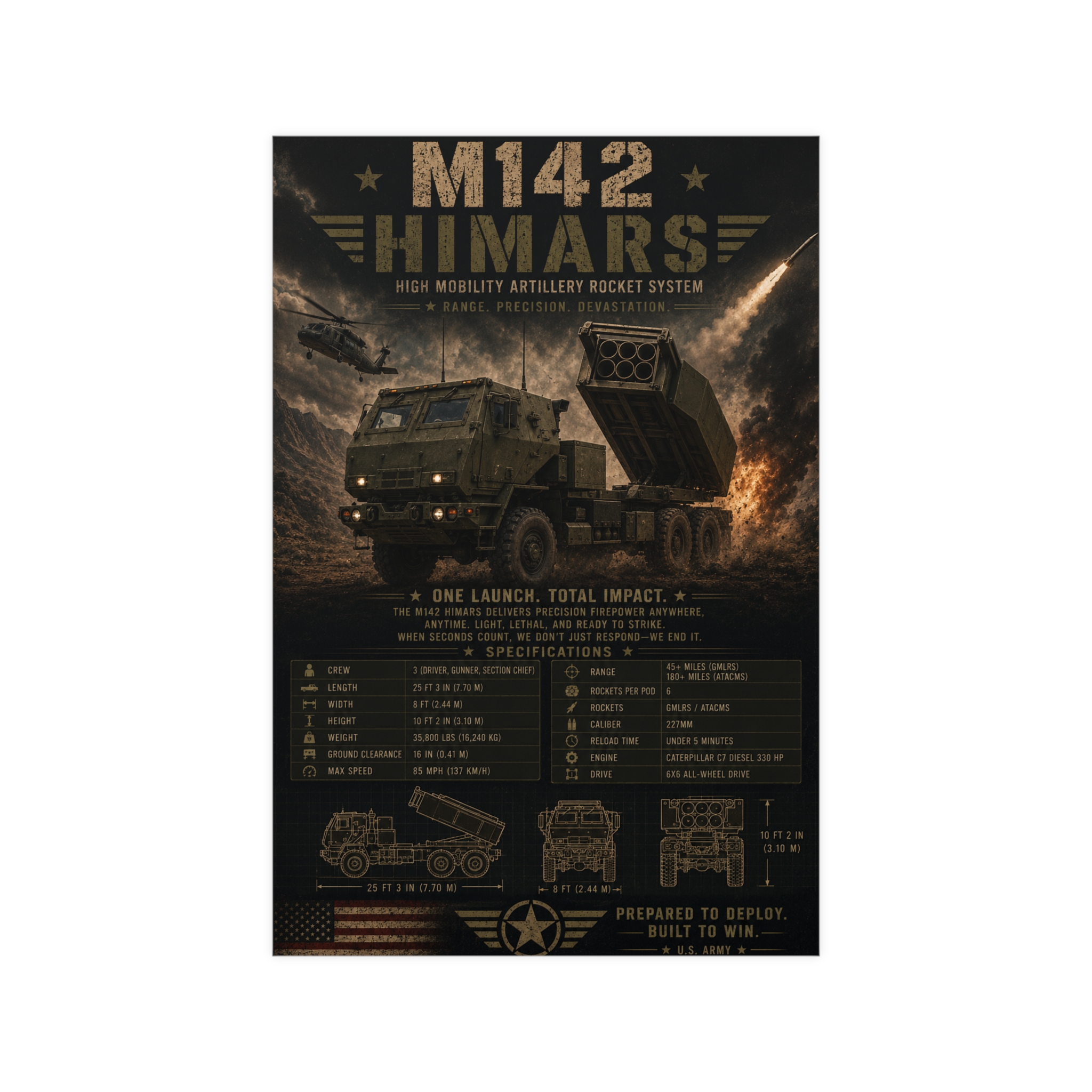 M142 HIMARS Poster | US Army Military Vehicle Print, Artillery Rocket System Tactical Wall Art, Modern Warfare Decor Gift for Him
