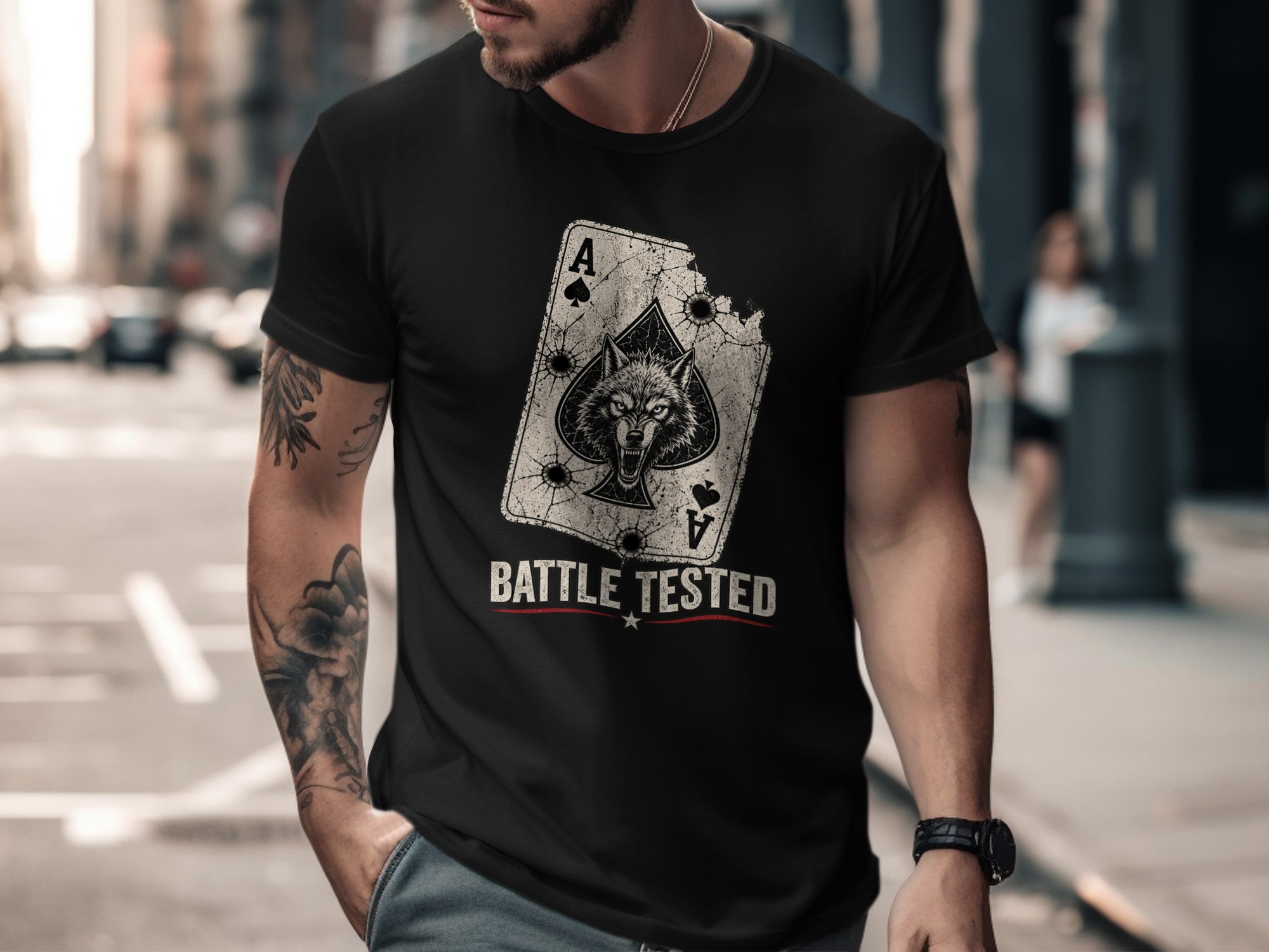 Battle Tested Wolf Ace of Spades T-Shirt, Distressed Grunge Tactical Biker Graphic Tee, Edgy Streetwear Gift For Him Poker Card - Image 4