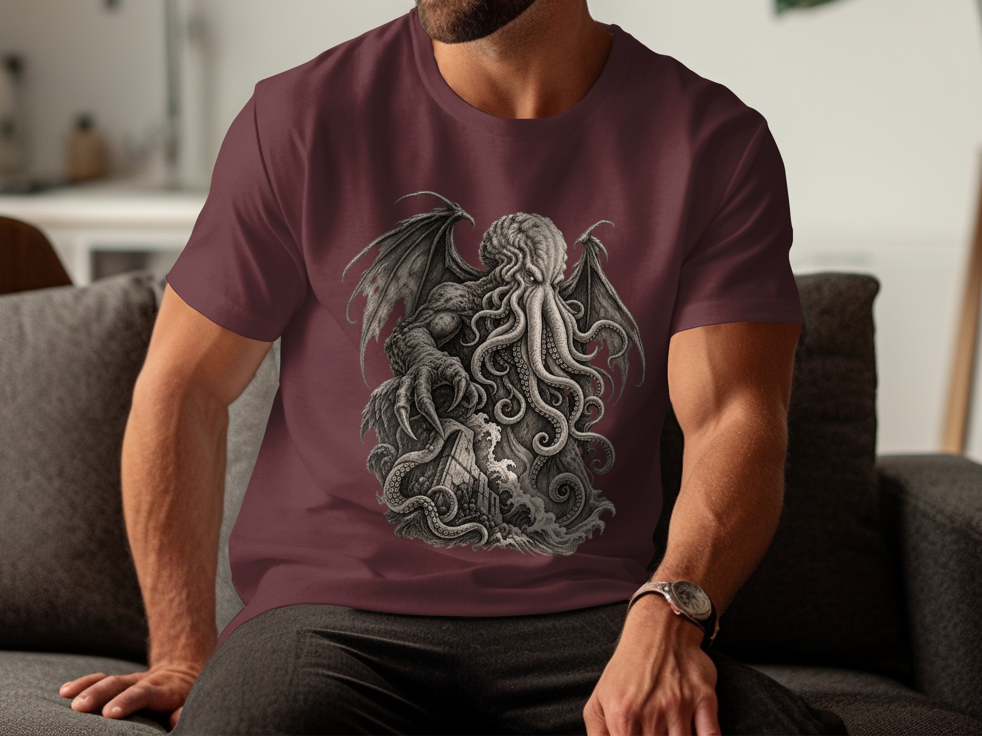 Cthulhu Lovecraftian Horror T-Shirt, Dark Academia Gothic Mythos Tentacle Monster Graphic Tee, Eldritch Cosmic Art - Image 2