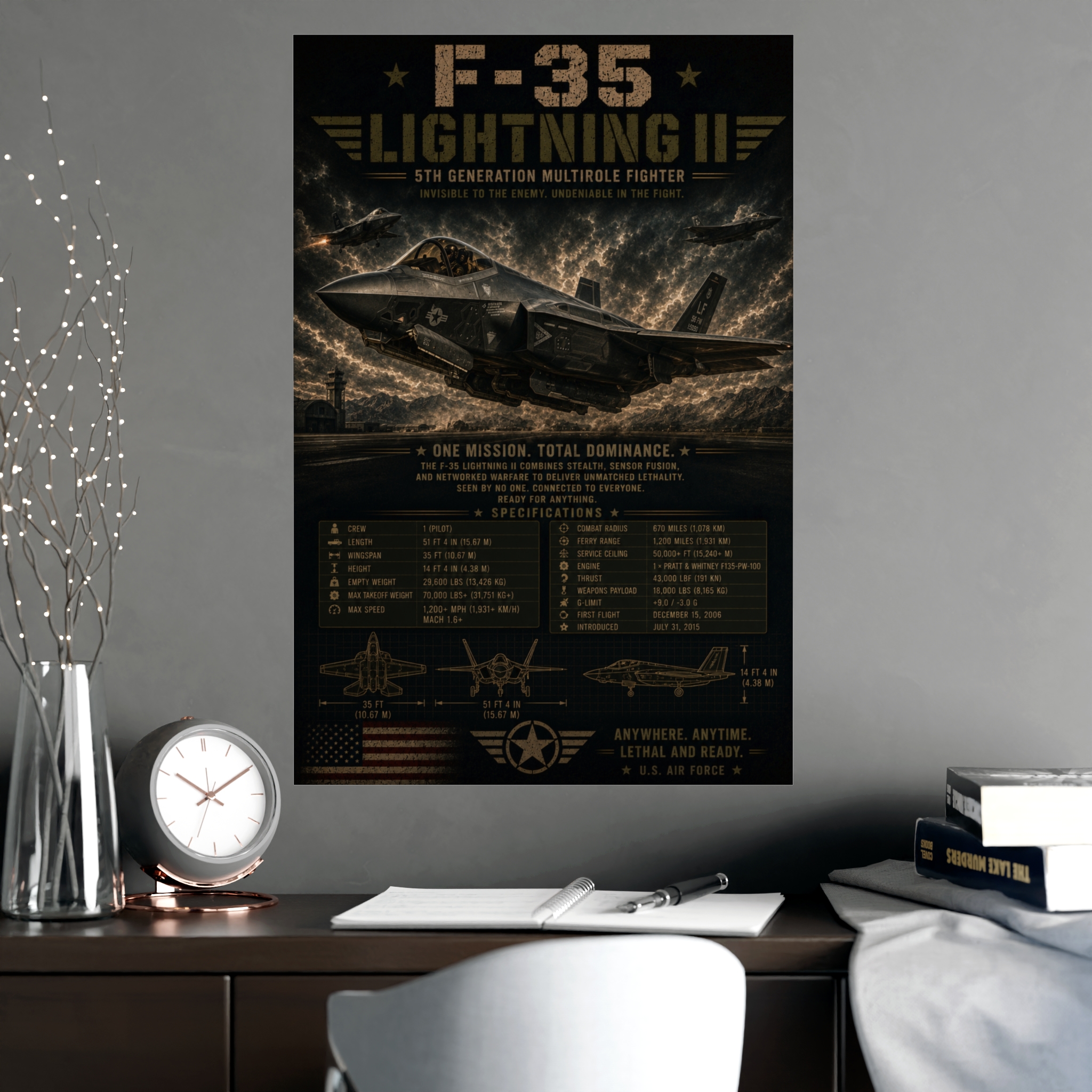 F-35 Lightning II Fighter Jet Poster, US Air Force Military Aircraft Specifications Print, Man Cave Wall Art Decor, Pilot Gift Idea - Image 2
