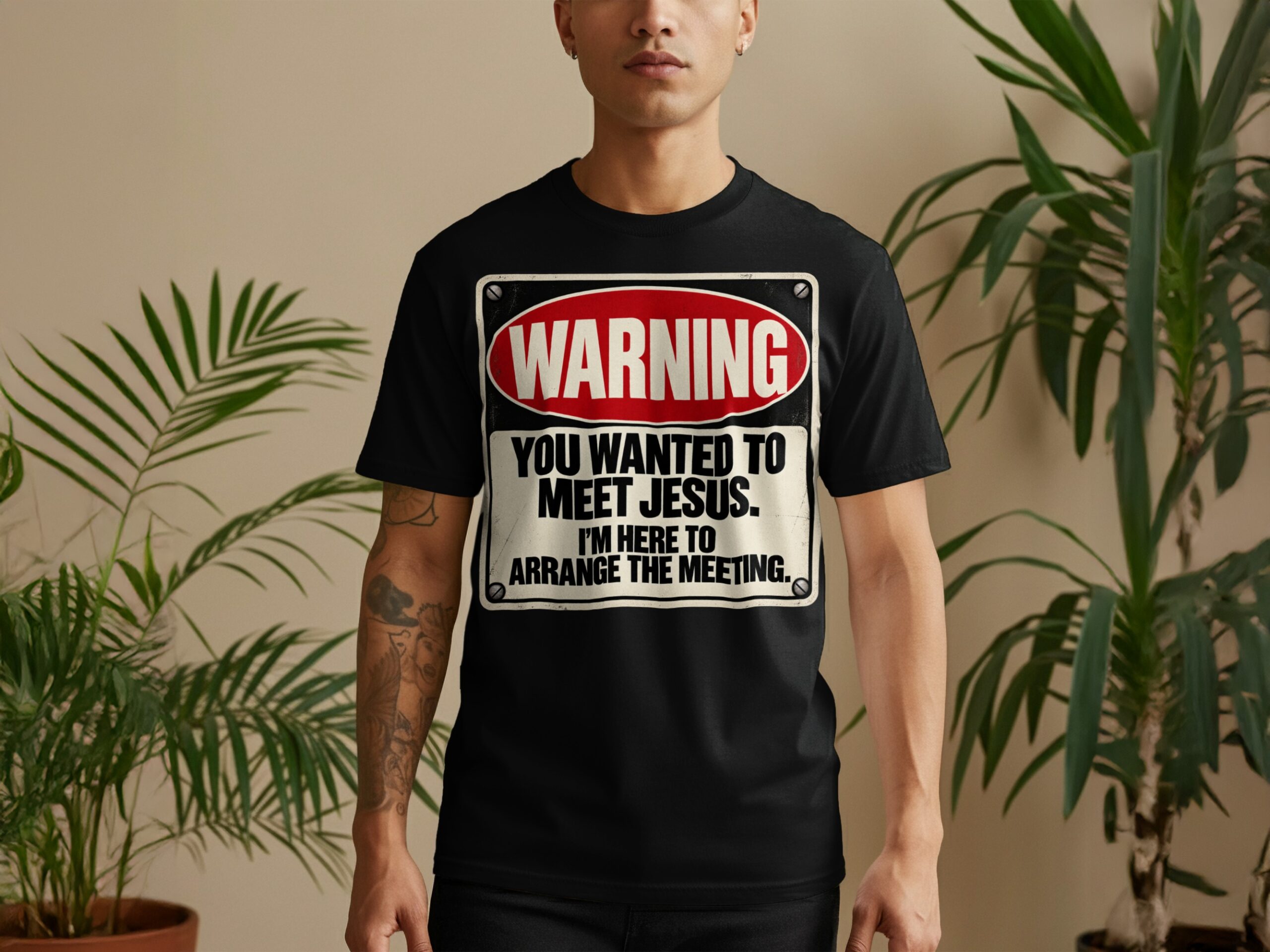 Meet Jesus Sarcastic T-Shirt, Warning Sign Graphic Tee, Funny Dark Humor Shirt for Men, Retro Novelty Streetwear Vintage Quote Top - Image 8