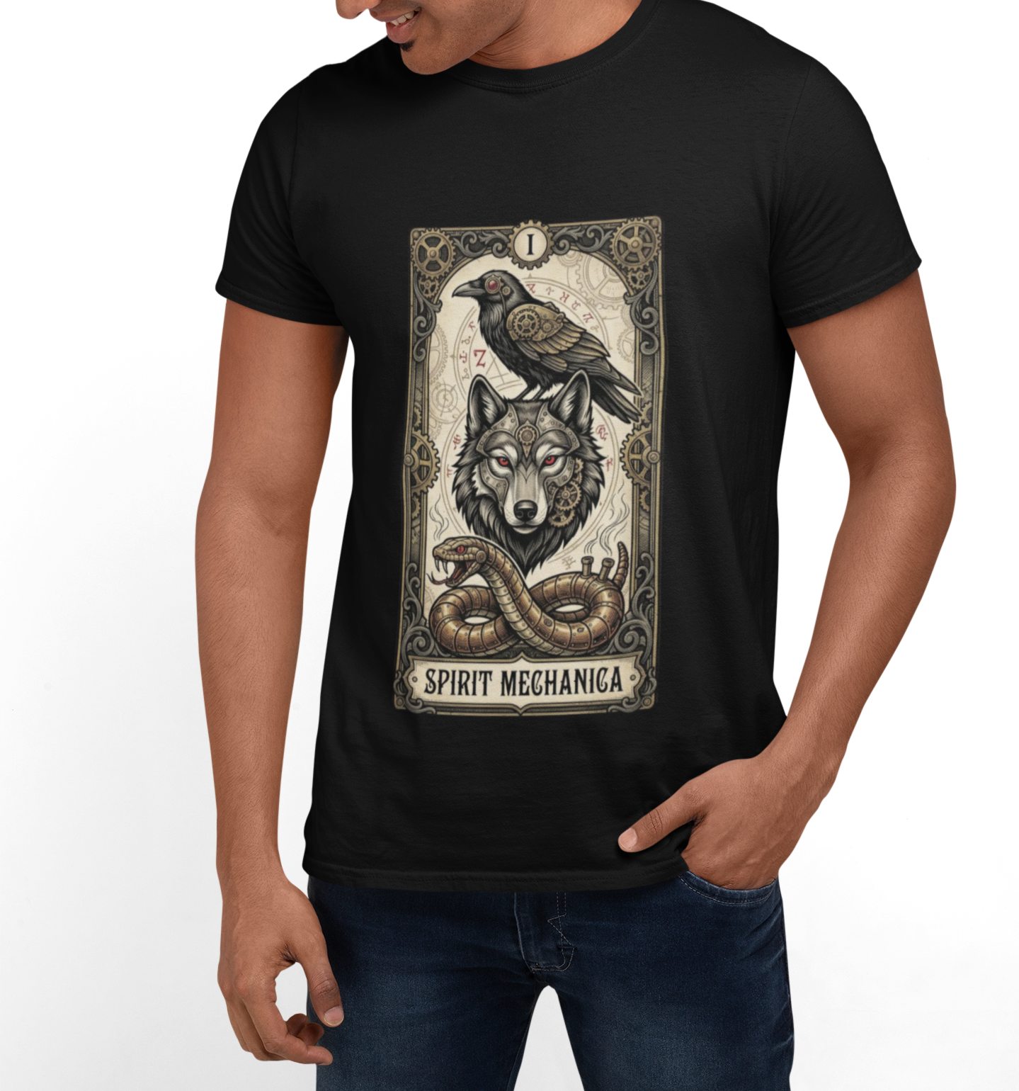 Spirit Mechanica Shirt | Steampunk Wolf Raven Tee | Dark Fantasy Animal Art | Gothic Tarot Inspired Shirt | Wolf Lover Gift