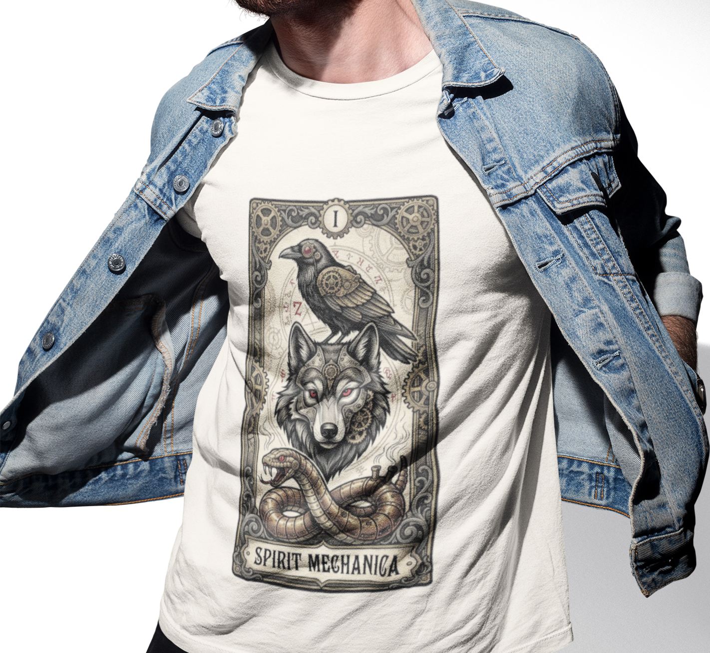 Spirit Mechanica Shirt | Steampunk Wolf Raven Tee | Dark Fantasy Animal Art | Gothic Tarot Inspired Shirt | Wolf Lover Gift - Image 2