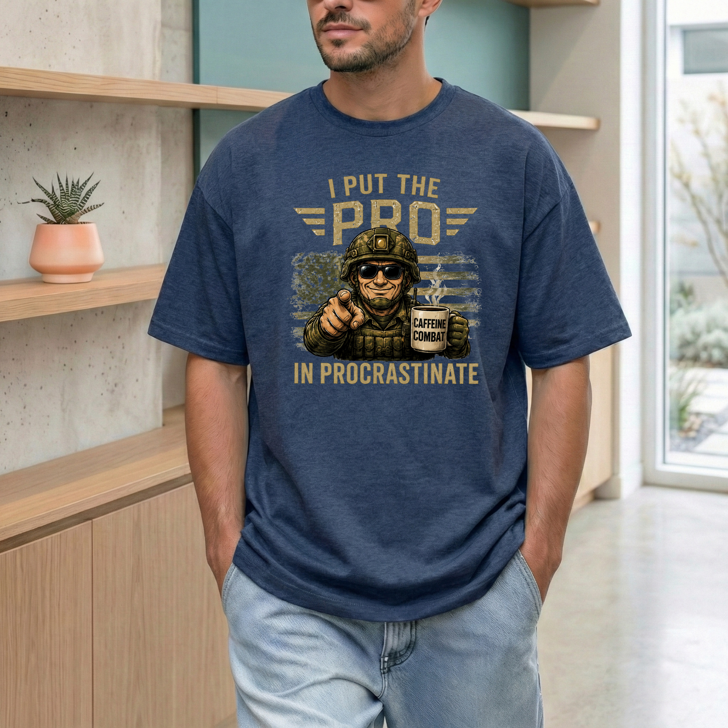 I Put The Pro In Procrastinate soldier pointing coffee tee | Military Humorous Graphic Shirt - Image 2