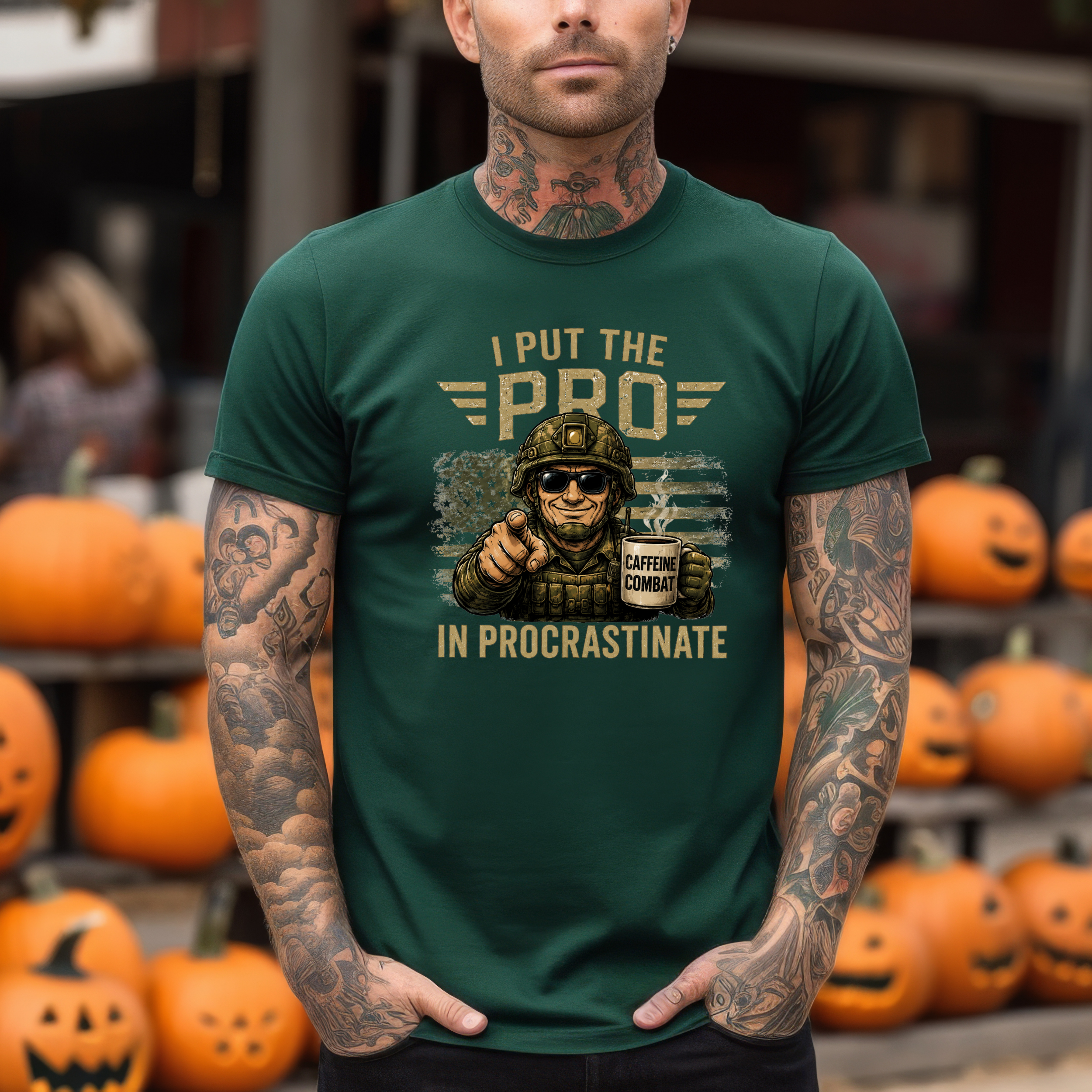 I Put The Pro In Procrastinate soldier pointing coffee tee | Military Humorous Graphic Shirt - Image 3