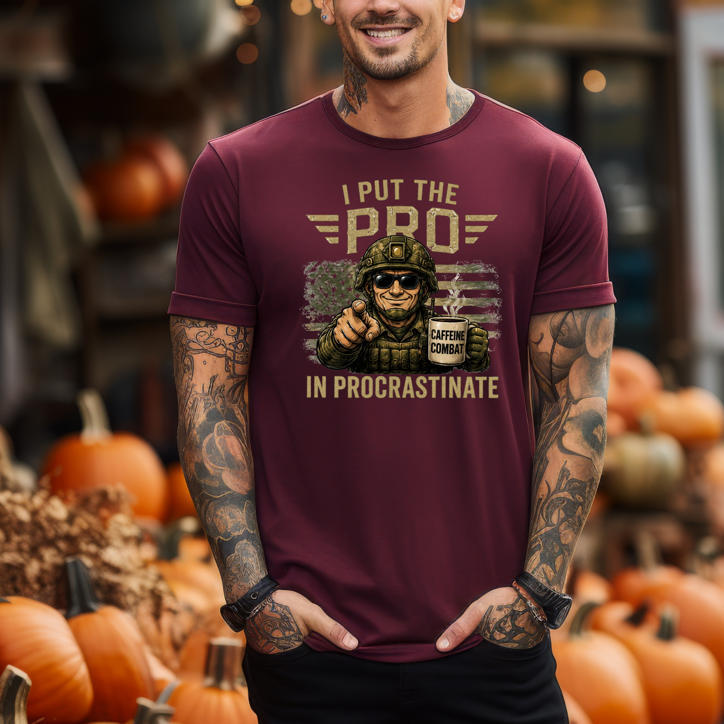 I Put The Pro In Procrastinate soldier pointing coffee tee | Military Humorous Graphic Shirt - Image 5