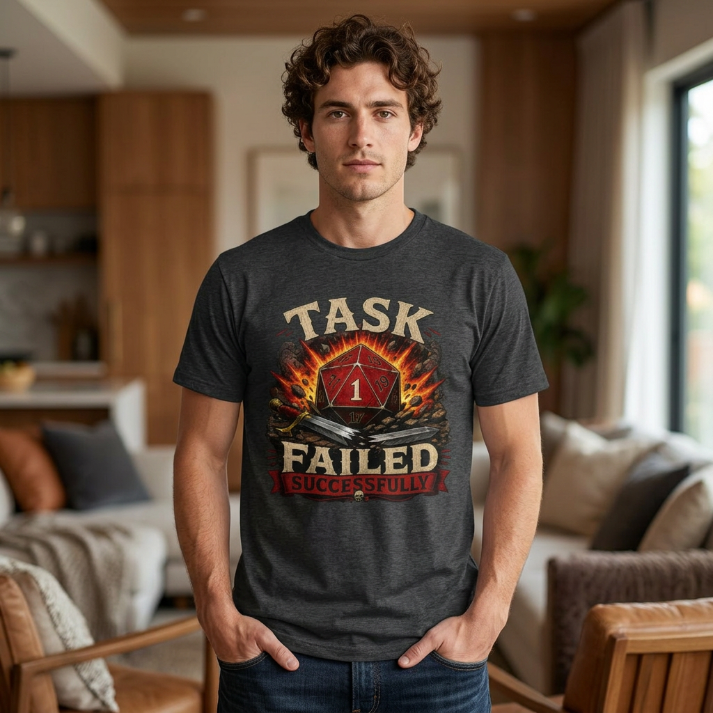 Task Failed Successfully Shirt | Nat 1 D20 Dice Shirt | Critical Fail RPG Humor | Funny DnD Gift | Dungeon Master Tabletop Gaming Tee
