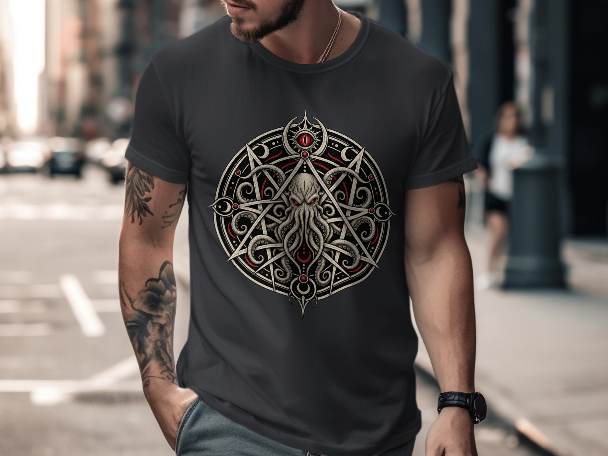 Lovecraftian Cthulhu Pentagram T-Shirt, Eldritch Horror Eye Gothic Occult Graphic Tee for Dark Academia Fans & Fantasy Fan Gift - Image 2