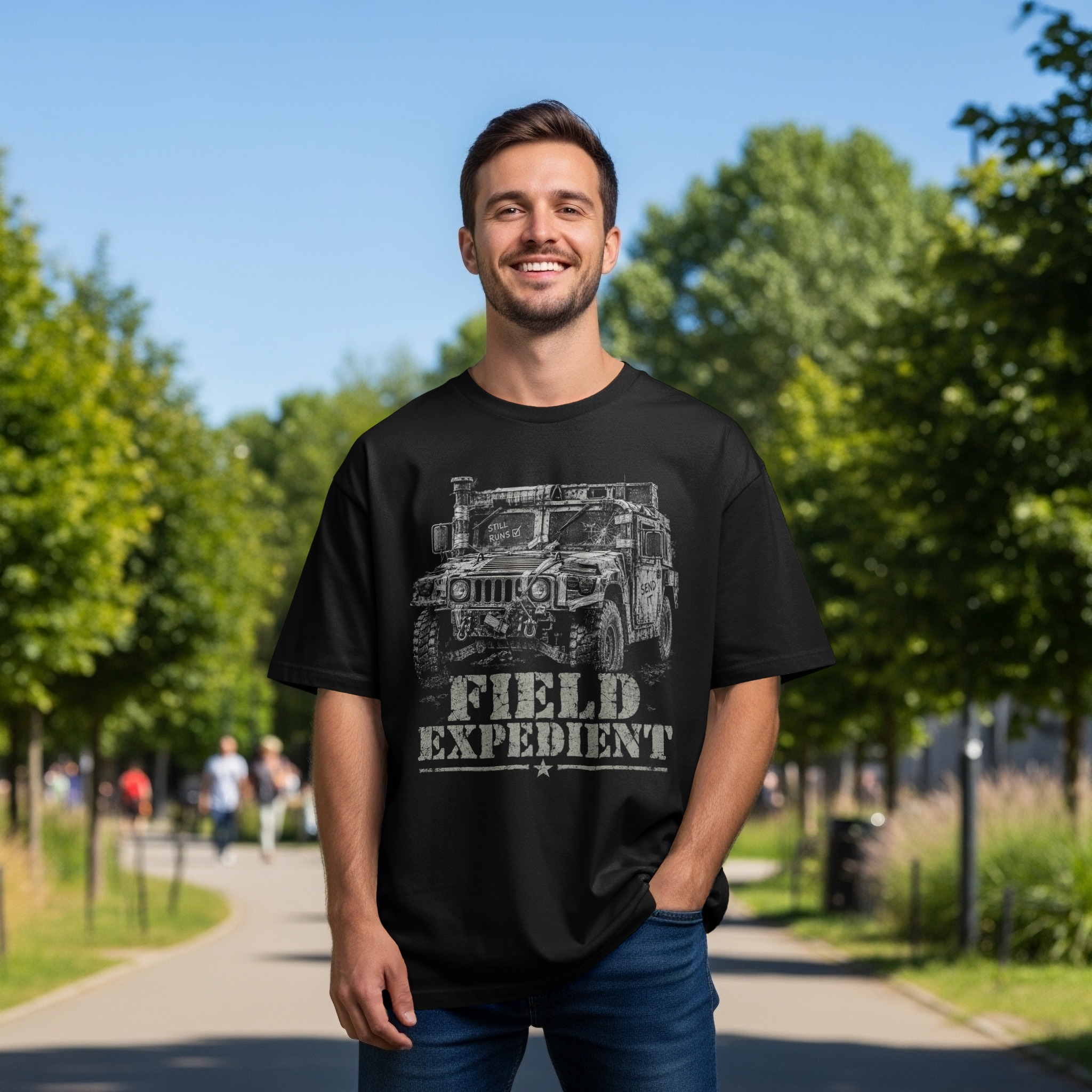 Field Expedient T-Shirt, Vintage Military 4x4 Truck Graphic Tee, Rugged Off Road Overlanding Shirt, Tactical Outdoor Vehicle Gift for Him - Image 3