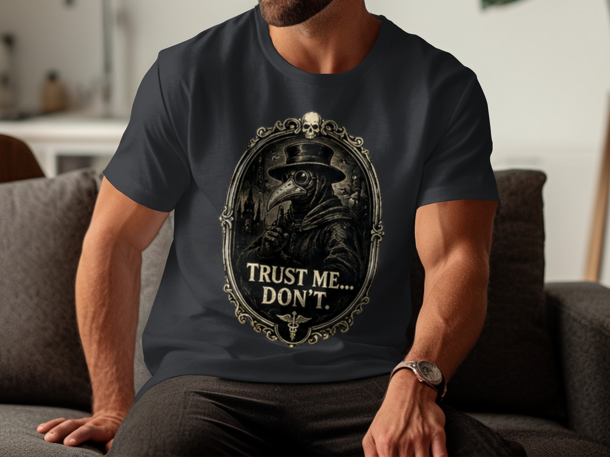 Gothic Plague Doctor 'Trust Me... Don't' T-Shirt, Dark Academia Skull Caduceus Vintage Macabre Humorous Gift Tee - Image 3