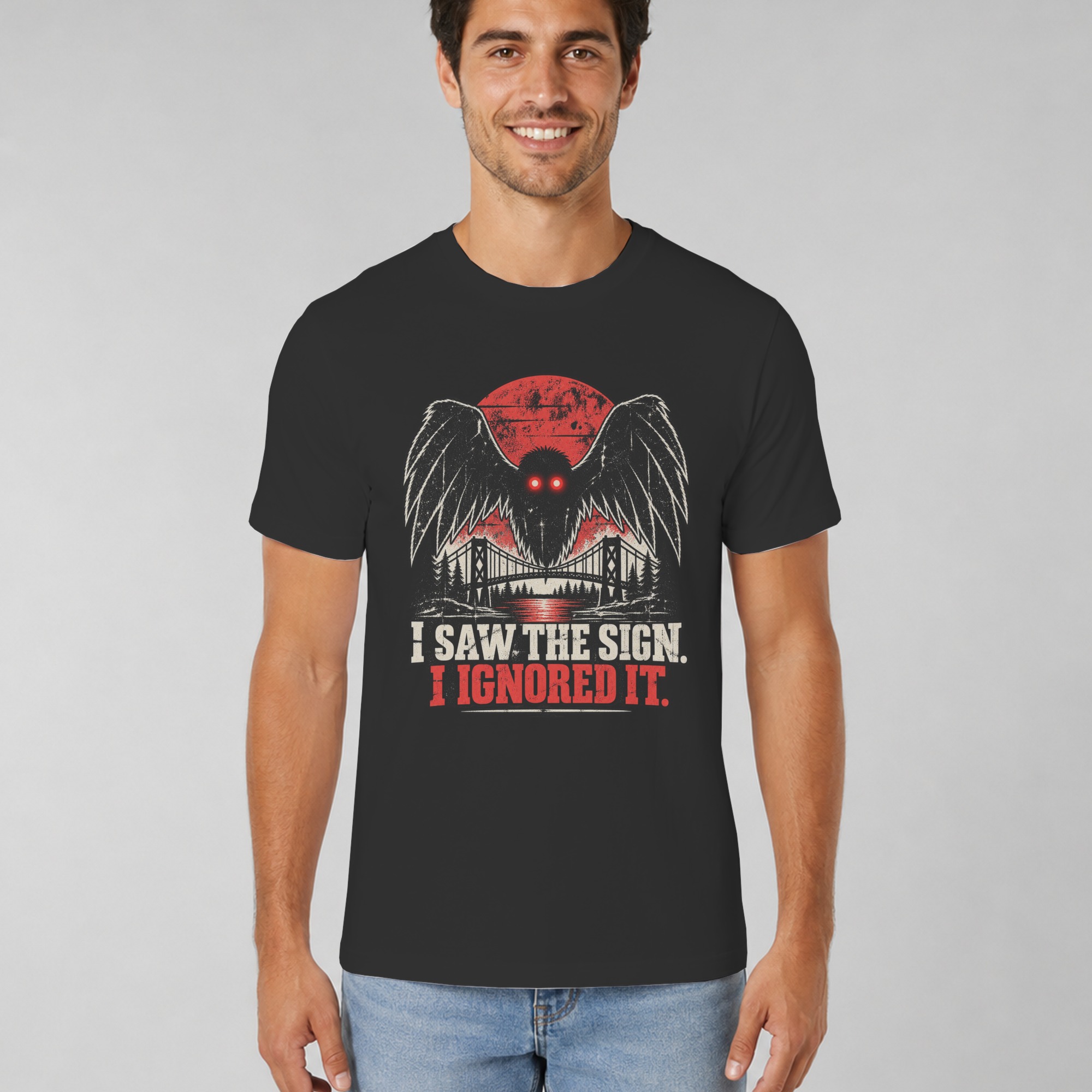 Mothman T-Shirt Funny Cryptid Graphic Tee, Retro Vintage Horror Shirt, I Saw The Sign Paranormal Dark Humor Streetwear Gift - Image 13