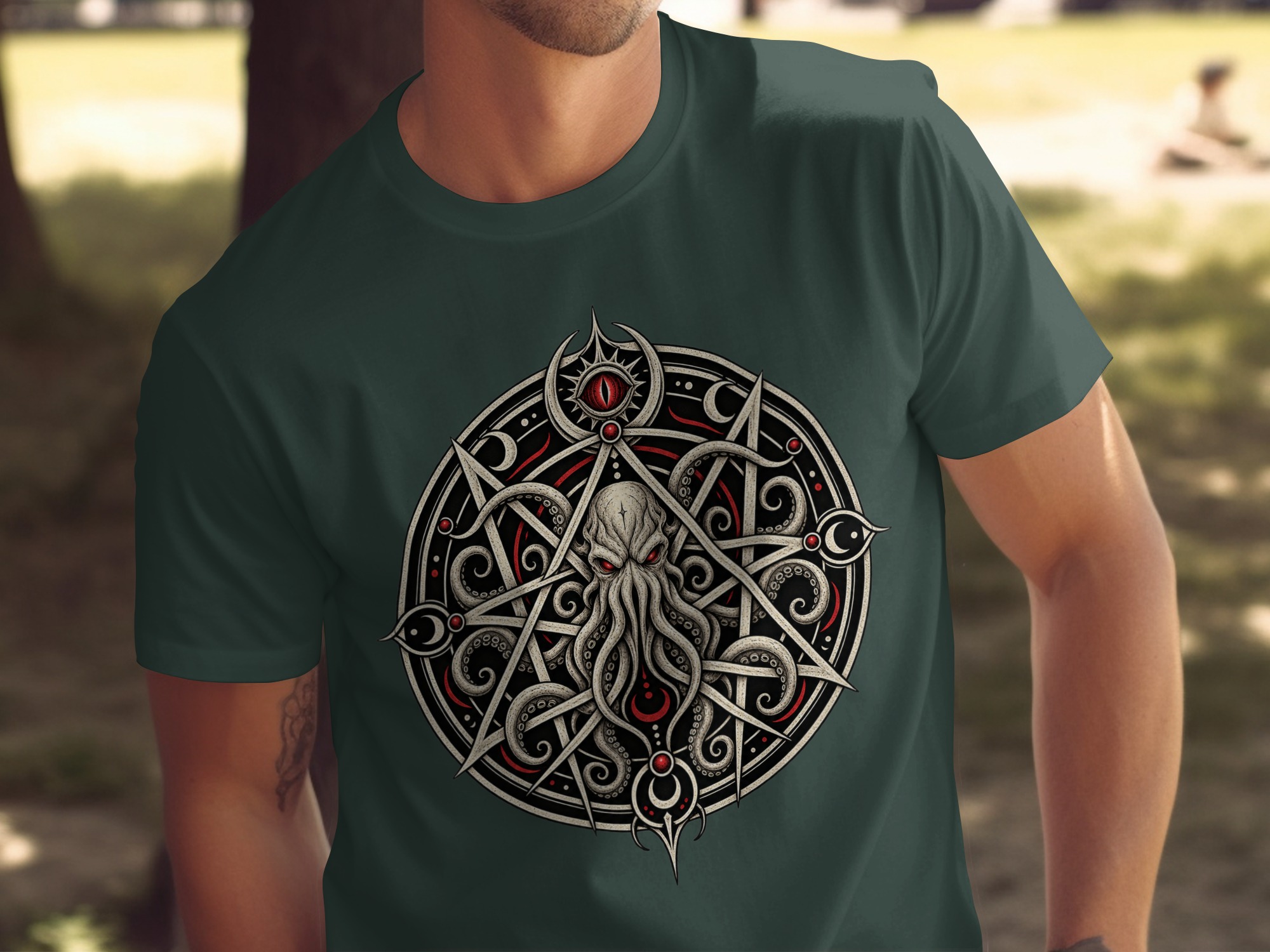 Lovecraftian Cthulhu Pentagram T-Shirt, Eldritch Horror Eye Gothic Occult Graphic Tee for Dark Academia Fans & Fantasy Fan Gift - Image 11