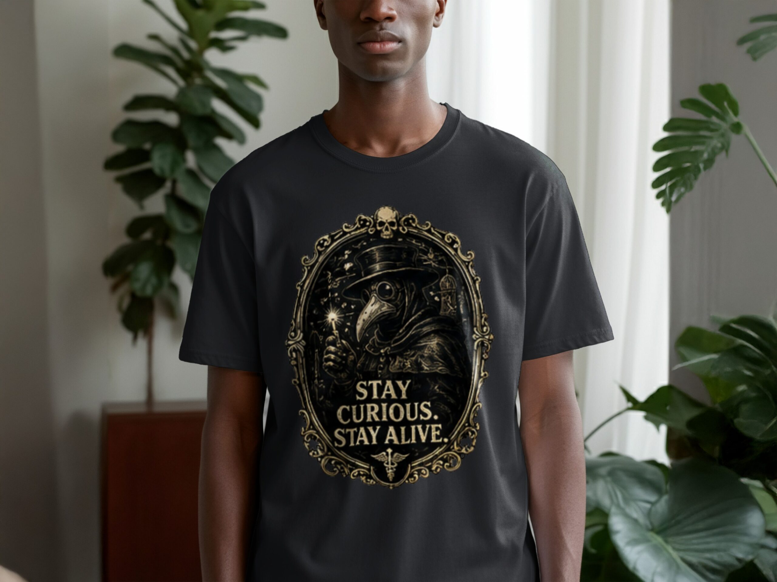 Plague Doctor 'Stay Curious' Gothic Renaissance T-Shirt, Dark Academia Aesthetic Medical Tee Gift - Image 11