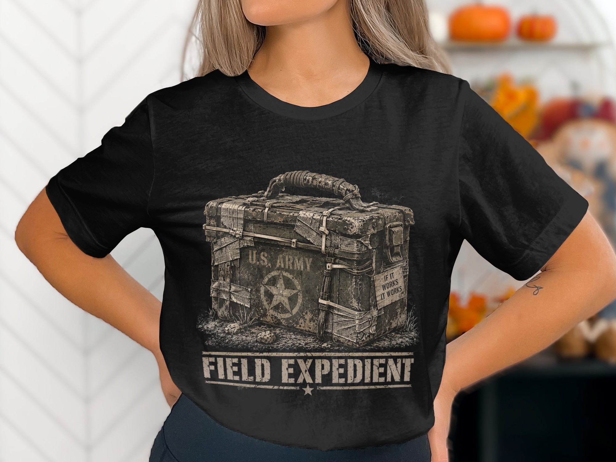 Field Expedient T-Shirt, Funny Military Ammo Box Graphic Tee, Army Veteran Humor Shirt, Vintage Tactical Mechanic Gift for Him, Grunt Tee