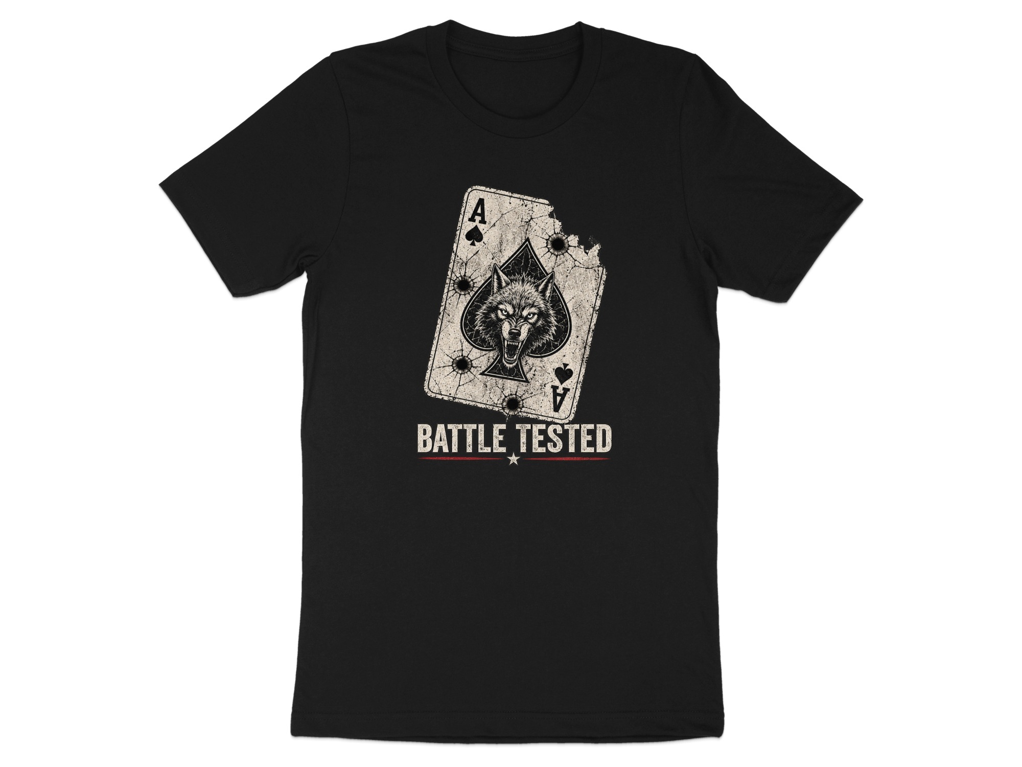 Battle Tested Wolf Ace of Spades T-Shirt, Distressed Grunge Tactical Biker Graphic Tee, Edgy Streetwear Gift For Him Poker Card