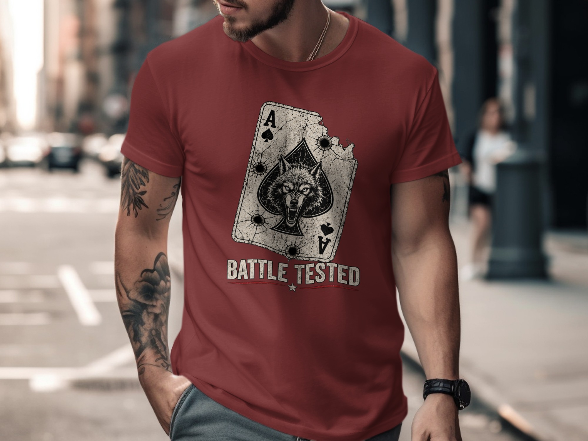 Battle Tested Wolf Ace of Spades T-Shirt, Distressed Grunge Tactical Biker Graphic Tee, Edgy Streetwear Gift For Him Poker Card - Image 17