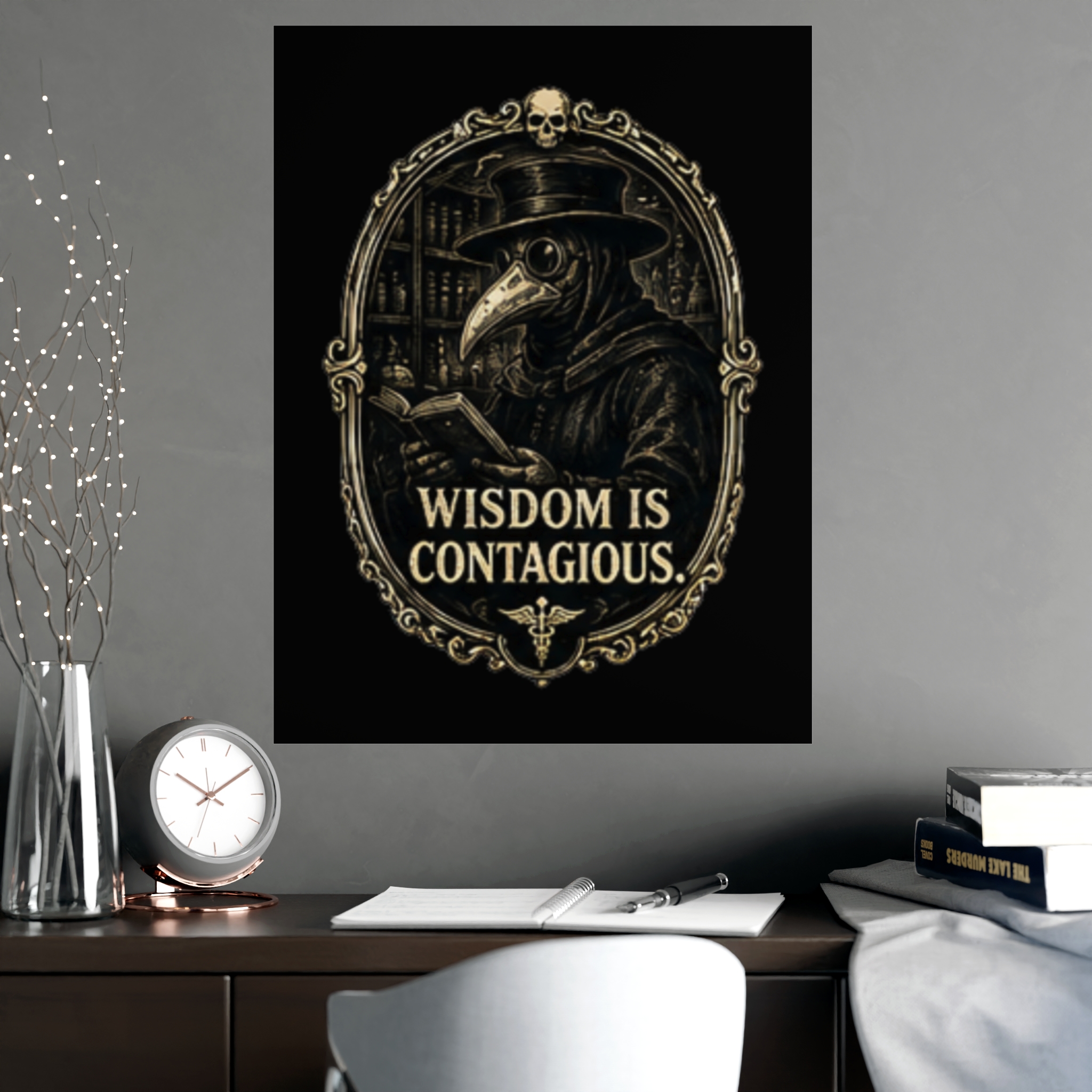 Dark Academia Plague Doctor Reading Poster, 'Wisdom is Contagious' Gothic Art Print, Vintage Macabre Book Lover Gift - Image 2