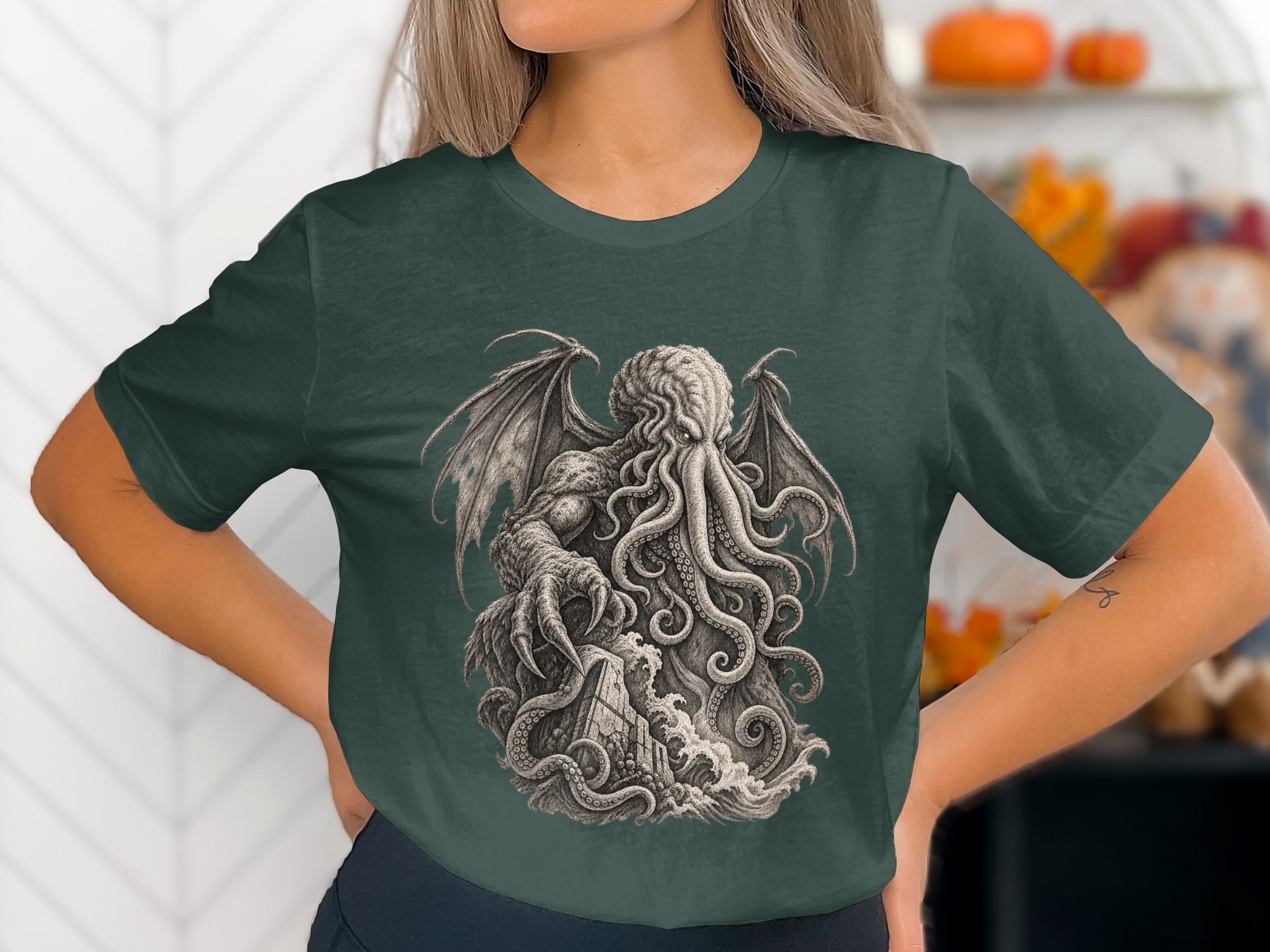 Cthulhu Lovecraftian Horror T-Shirt, Dark Academia Gothic Mythos Tentacle Monster Graphic Tee, Eldritch Cosmic Art - Image 16