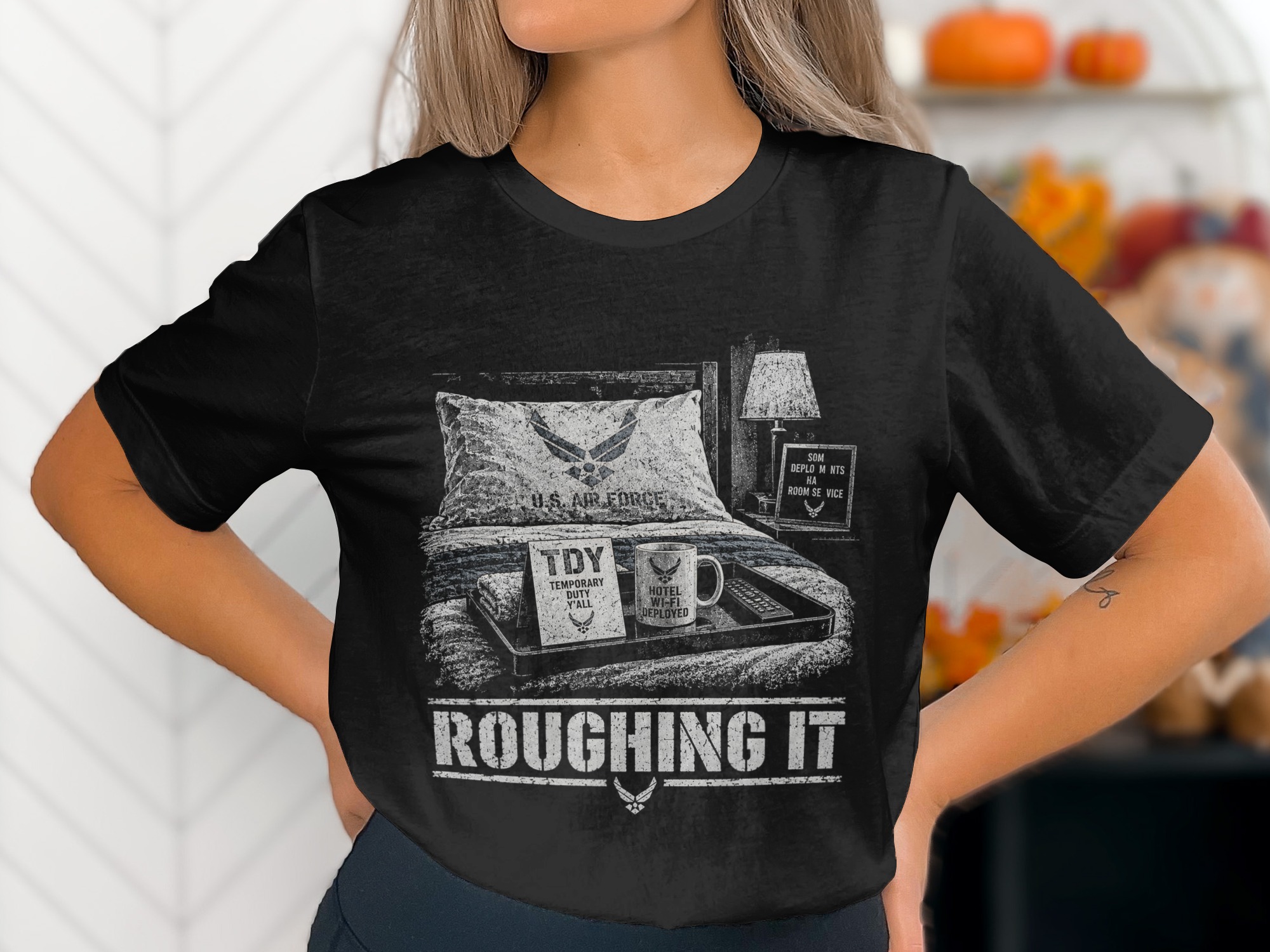 Funny Air Force T-Shirt, Military Humor Roughing It TDY Joke Graphic Tee, Sarcastic Airman Veteran Gift, Aviation Chair Force Shirt