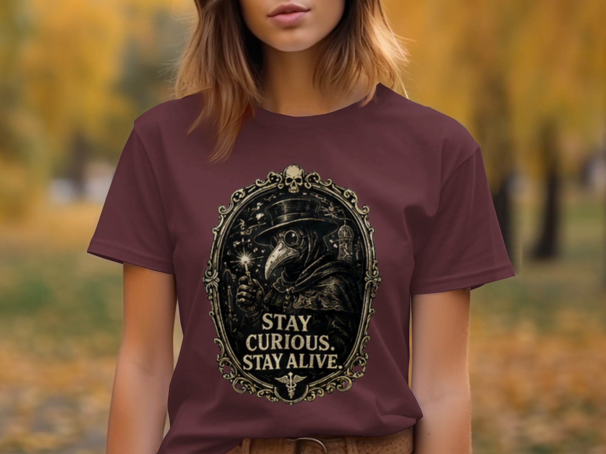 Plague Doctor 'Stay Curious' Gothic Renaissance T-Shirt, Dark Academia Aesthetic Medical Tee Gift - Image 6