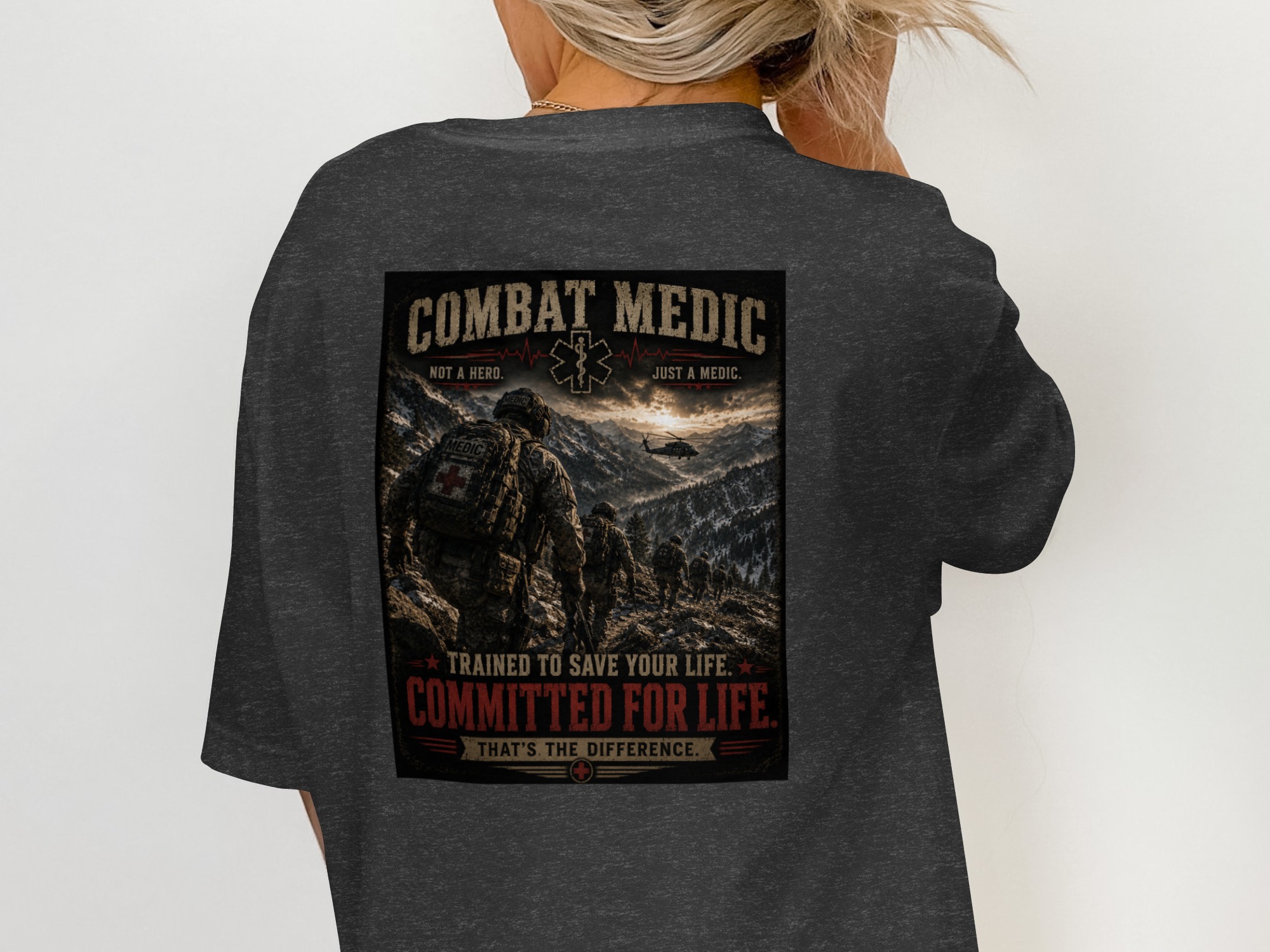 TITLE Combat Medic T-Shirt, Committed for Life, Army 68W Military Medic Shirt, Veteran Tactical Medical Gift, Star of Life Graphic Tee - Image 2