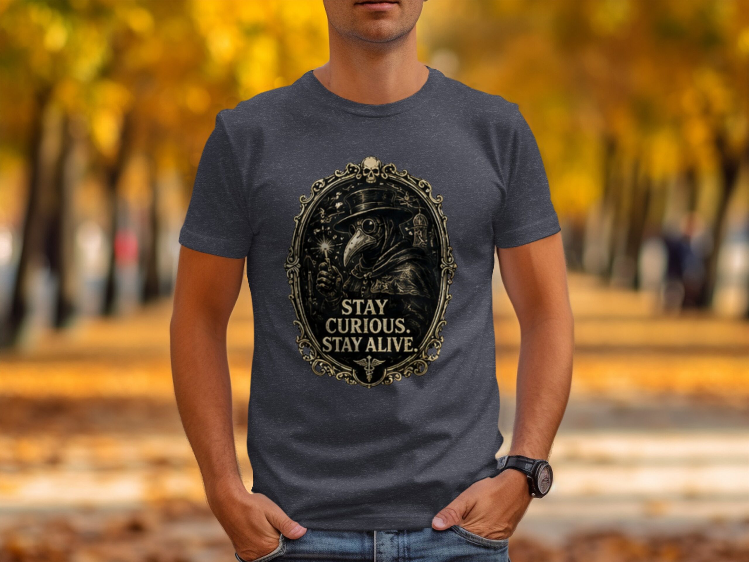 Plague Doctor 'Stay Curious' Gothic Renaissance T-Shirt, Dark Academia Aesthetic Medical Tee Gift - Image 4