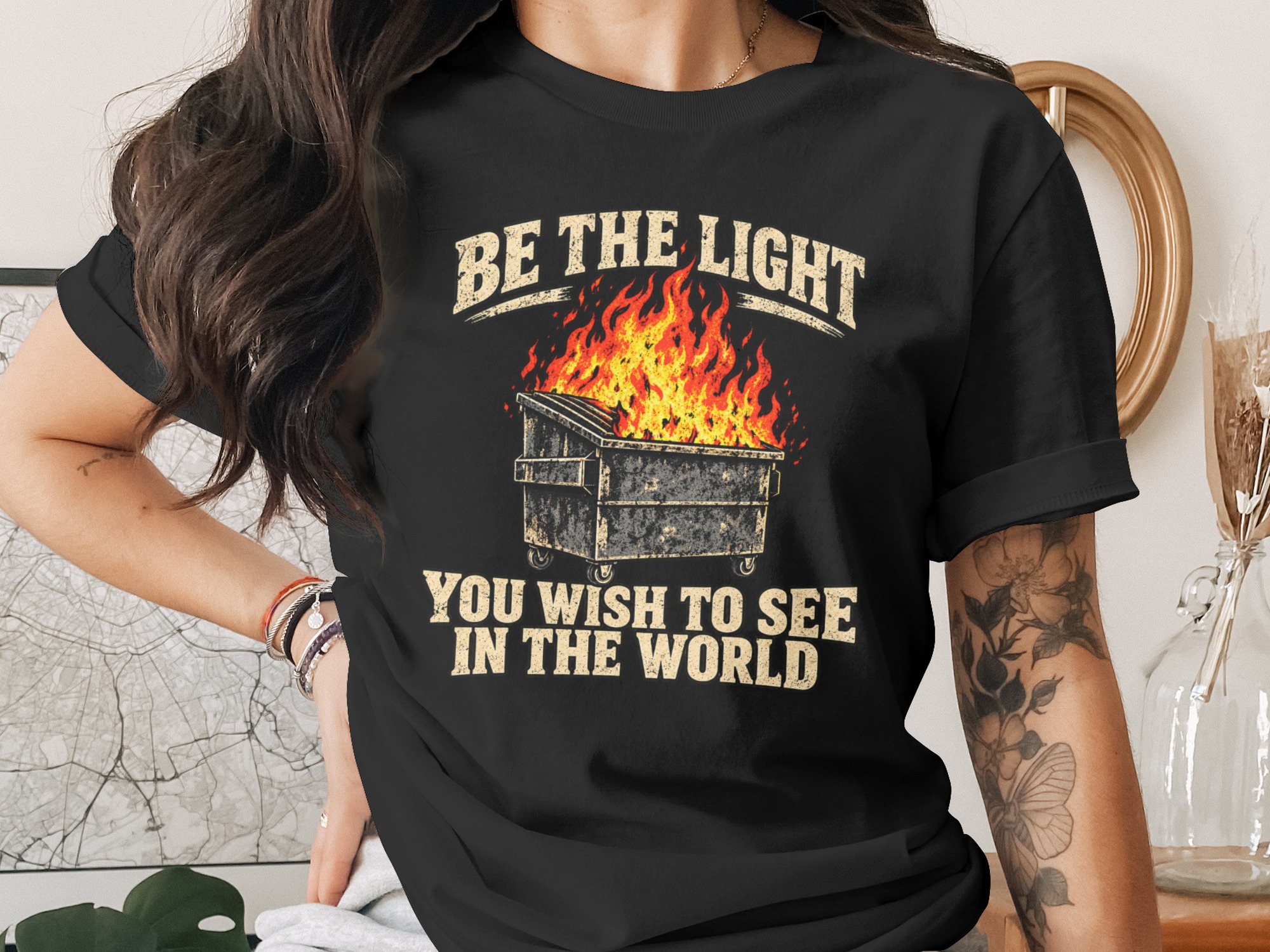 Dumpster Fire Shirt Funny Graphic T-Shirt Be The Light Sarcastic Meme Tee Vintage Grunge Humor Top Gag Gift for Best Friend Coworker - Image 2