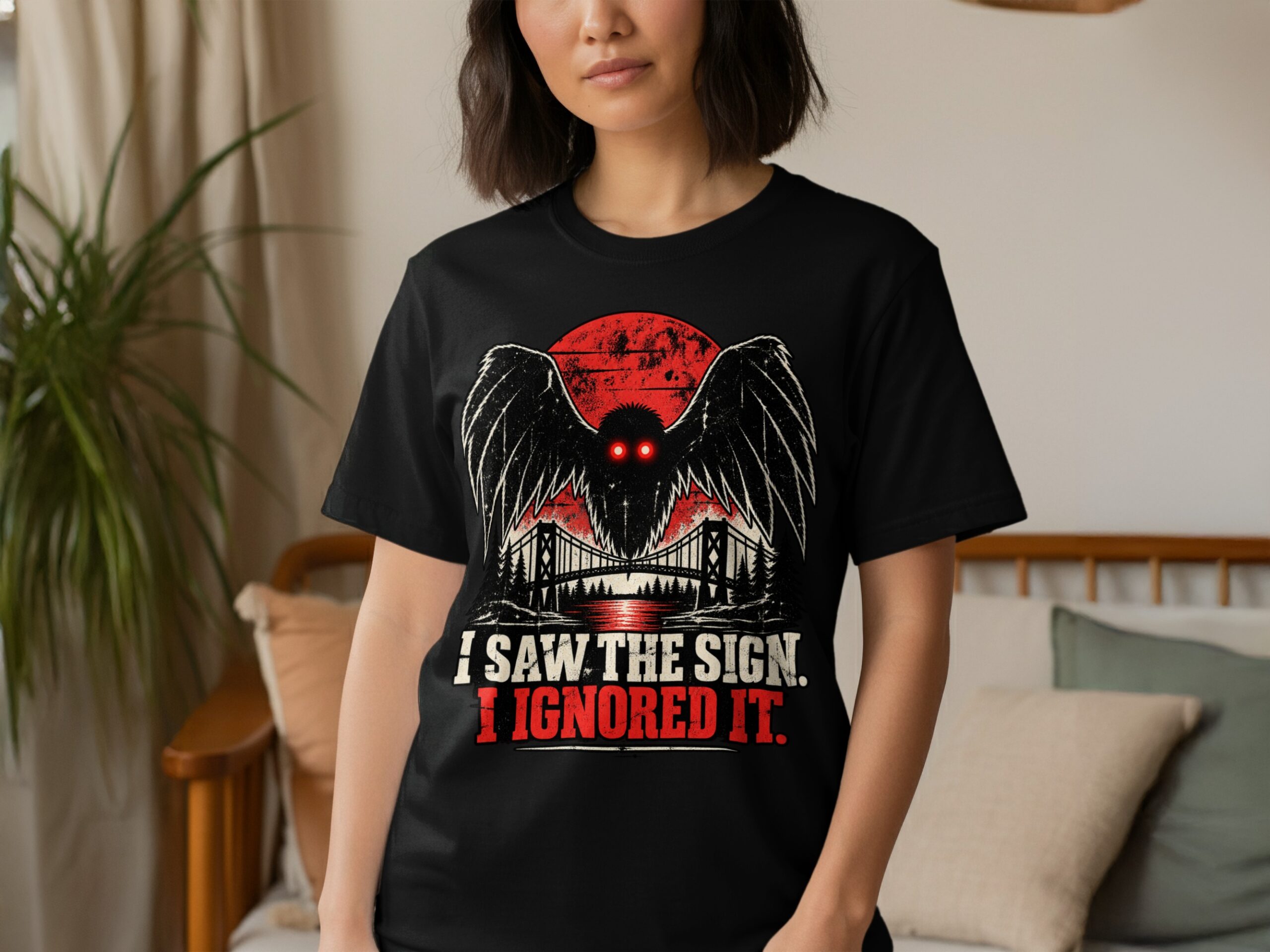 Mothman T-Shirt Funny Cryptid Graphic Tee, Retro Vintage Horror Shirt, I Saw The Sign Paranormal Dark Humor Streetwear Gift - Image 8