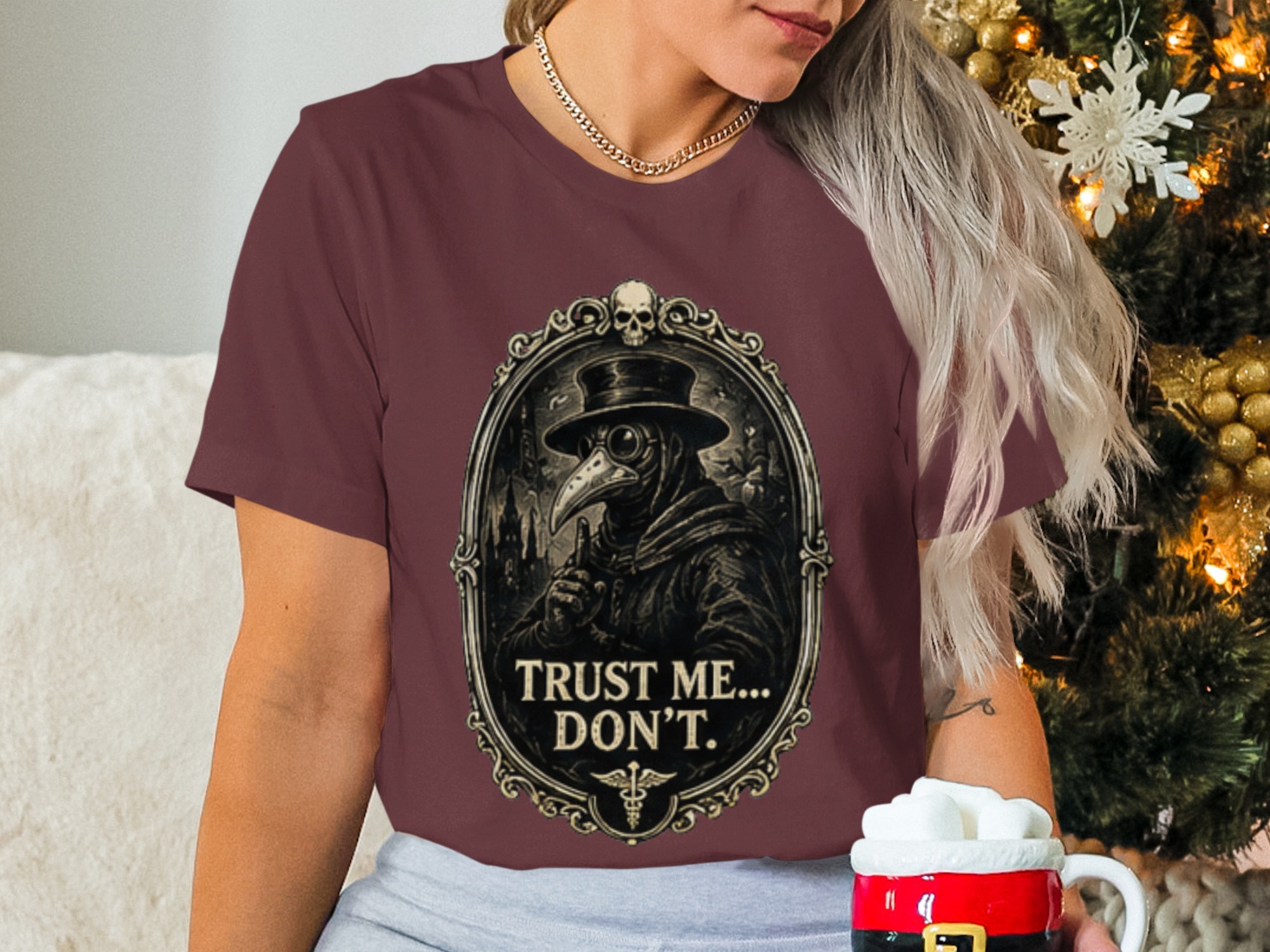 Gothic Plague Doctor 'Trust Me... Don't' T-Shirt, Dark Academia Skull Caduceus Vintage Macabre Humorous Gift Tee - Image 6