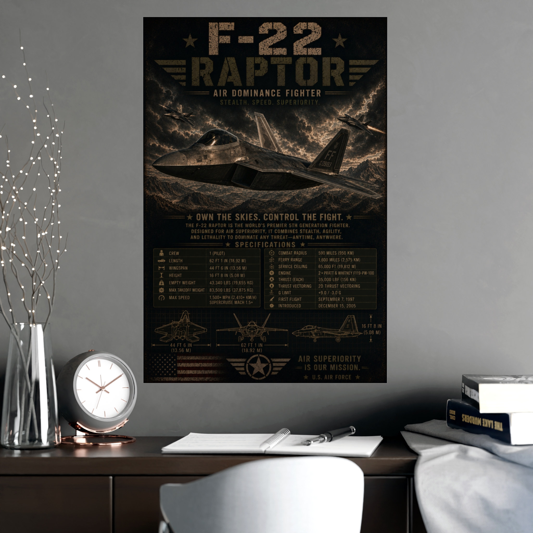 F-22 Raptor Fighter Jet Poster, US Air Force Military Aviation Print, Stealth Aircraft Specifications Wall Art, Pilot Gift - Image 2
