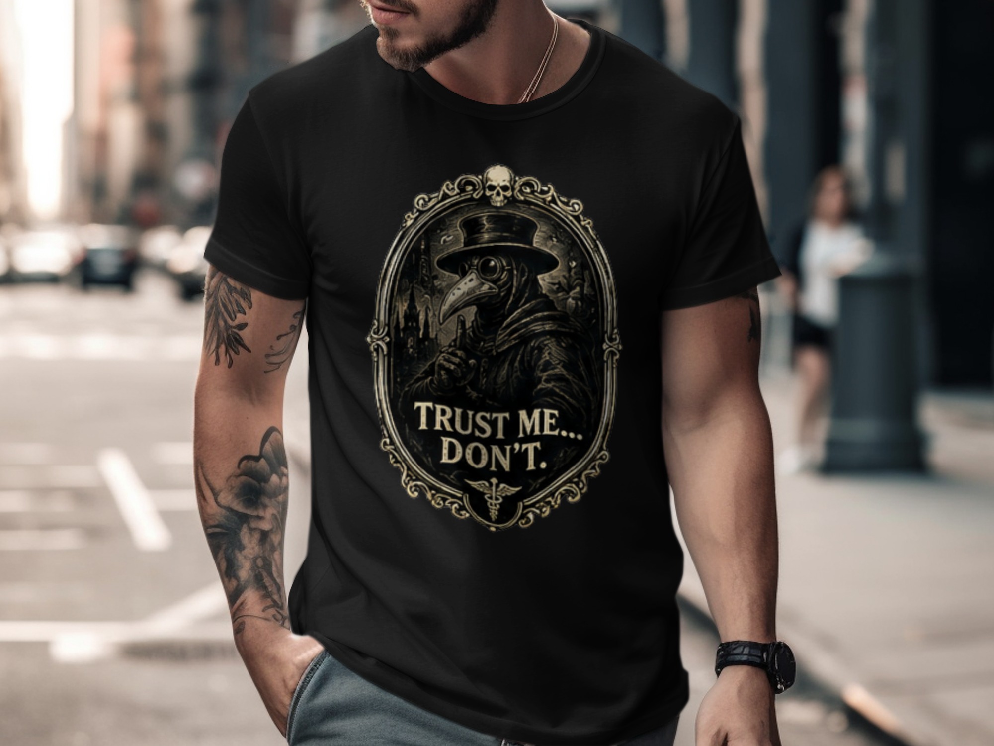 Gothic Plague Doctor 'Trust Me... Don't' T-Shirt, Dark Academia Skull Caduceus Vintage Macabre Humorous Gift Tee