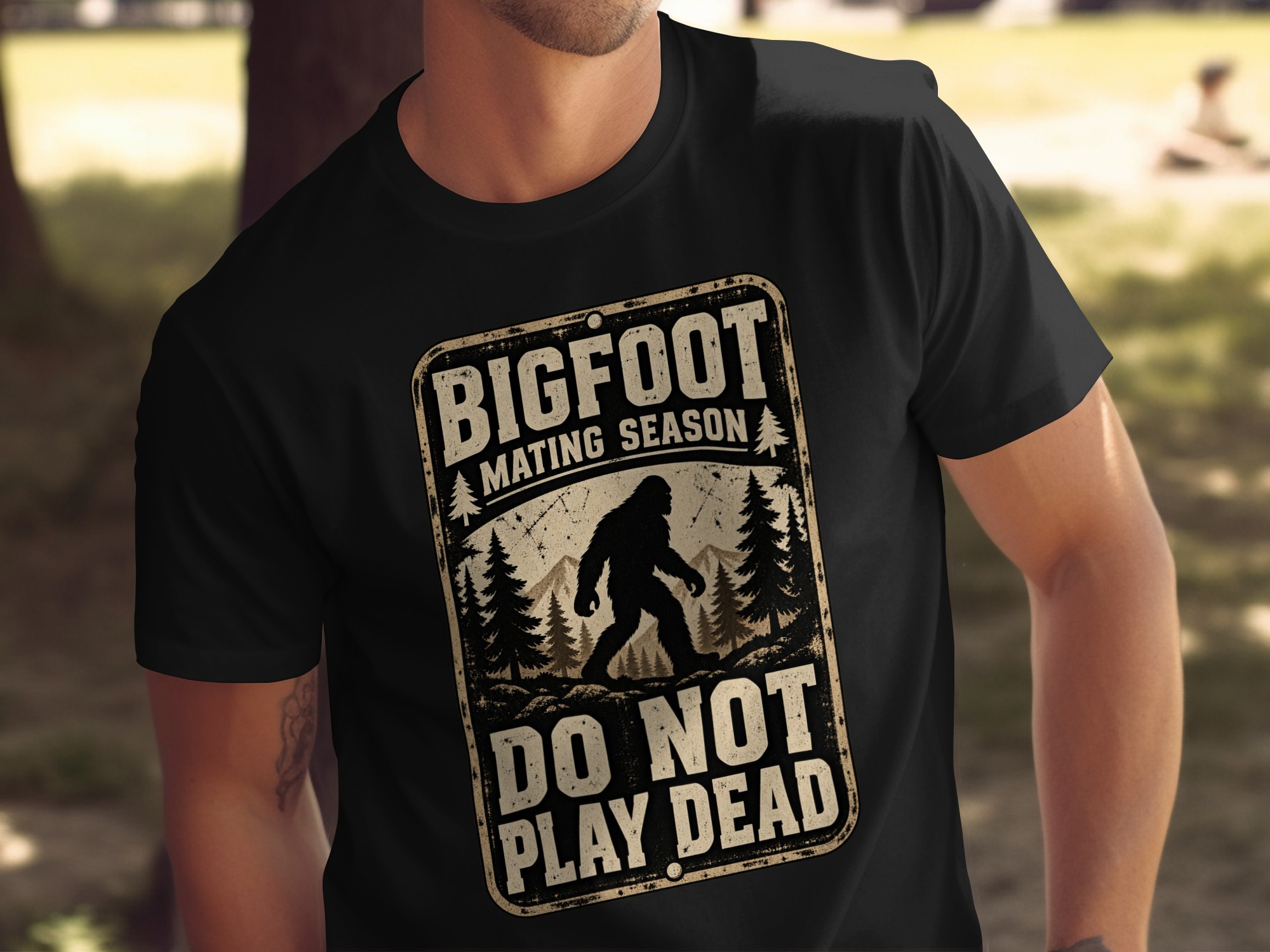 Bigfoot Mating Season T-Shirt, Funny Sasquatch Graphic Tee, Do Not Play Dead Vintage Camping Shirt, Retro Cryptid Outdoor Hiking Gift - Image 5