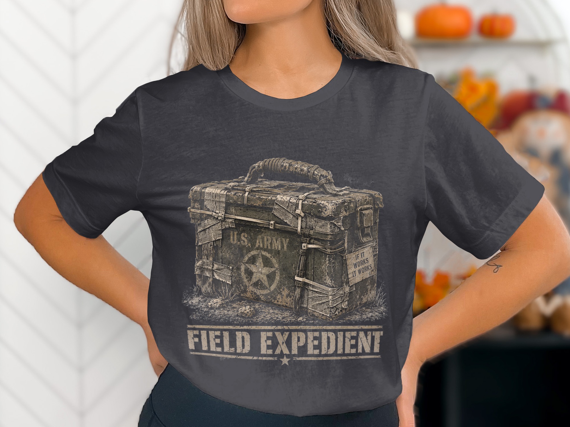 Field Expedient T-Shirt, Funny Military Ammo Box Graphic Tee, Army Veteran Humor Shirt, Vintage Tactical Mechanic Gift for Him, Grunt Tee - Image 11