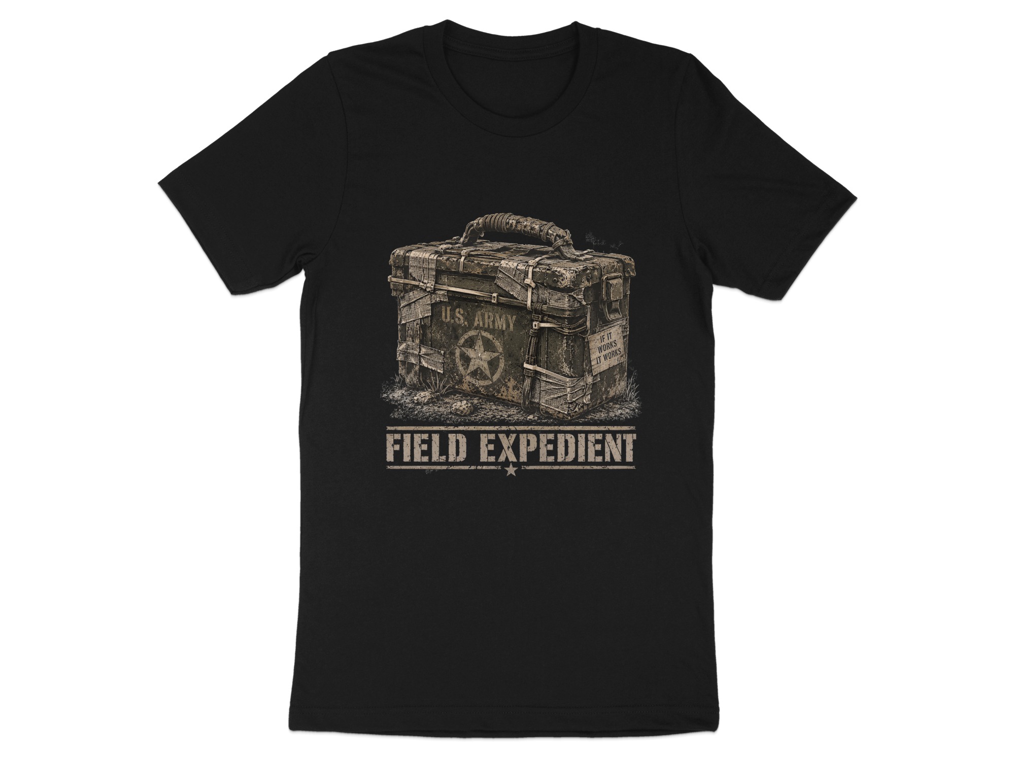 Field Expedient T-Shirt, Funny Military Ammo Box Graphic Tee, Army Veteran Humor Shirt, Vintage Tactical Mechanic Gift for Him, Grunt Tee - Image 9