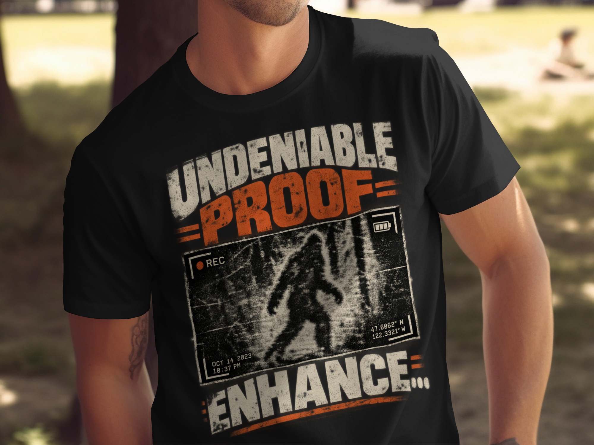 Bigfoot Sasquatch T-Shirt, Funny Cryptid Graphic Tee, Undeniable Proof Vintage Hiking Shirt, Retro Paranormal Camping Gift for Men & Women - Image 2