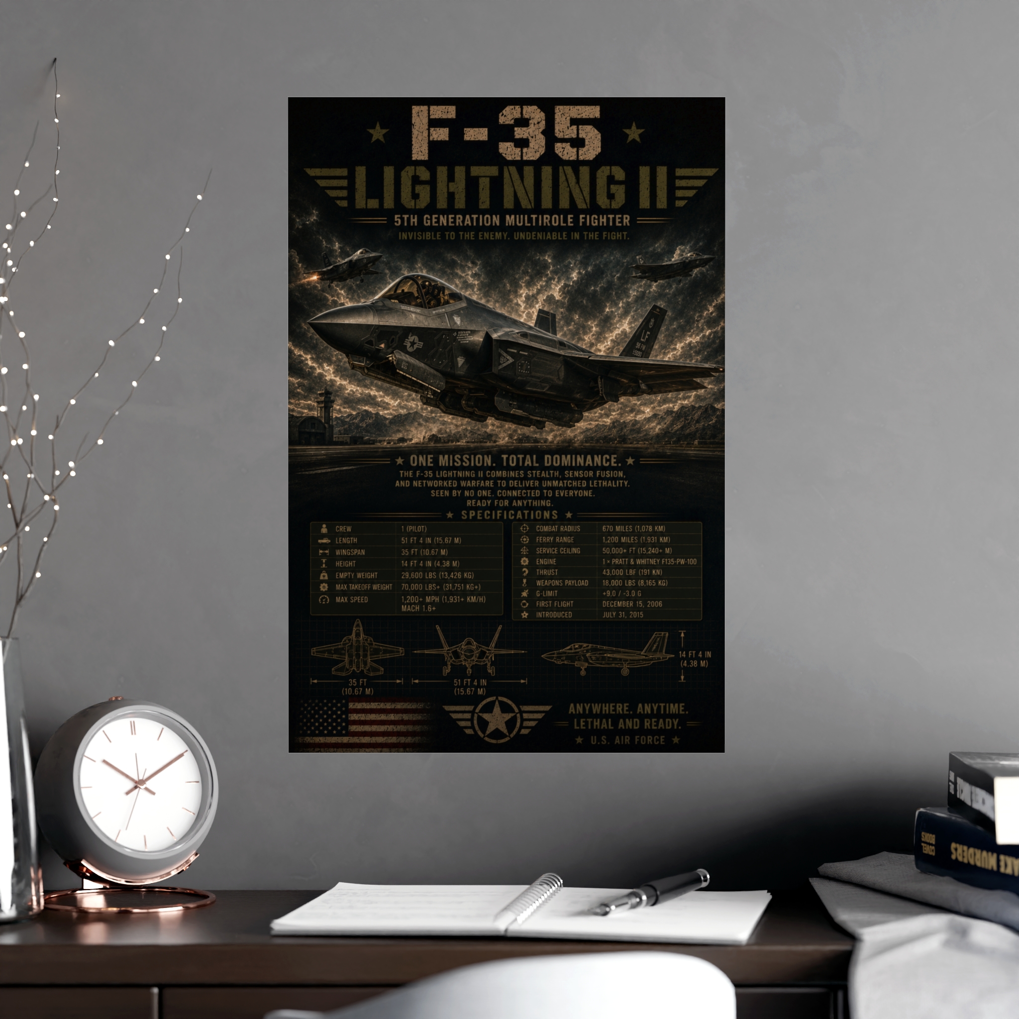 F-35 Lightning II Fighter Jet Poster, US Air Force Military Aircraft Specifications Print, Man Cave Wall Art Decor, Pilot Gift Idea - Image 4