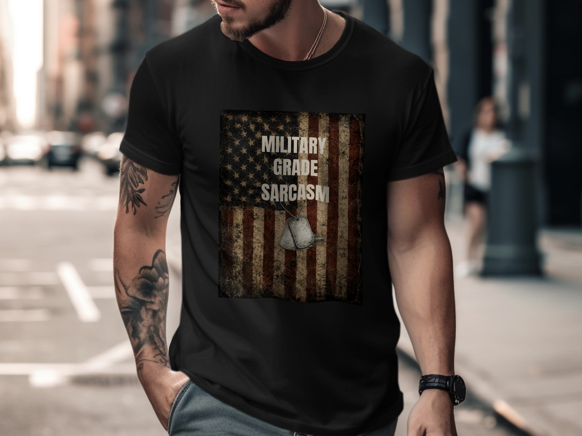 Military Grade Sarcasm T-Shirt, Distressed American Flag Veteran Gift, Patriotic Funny Tee with Faux Dog Tags - Image 3