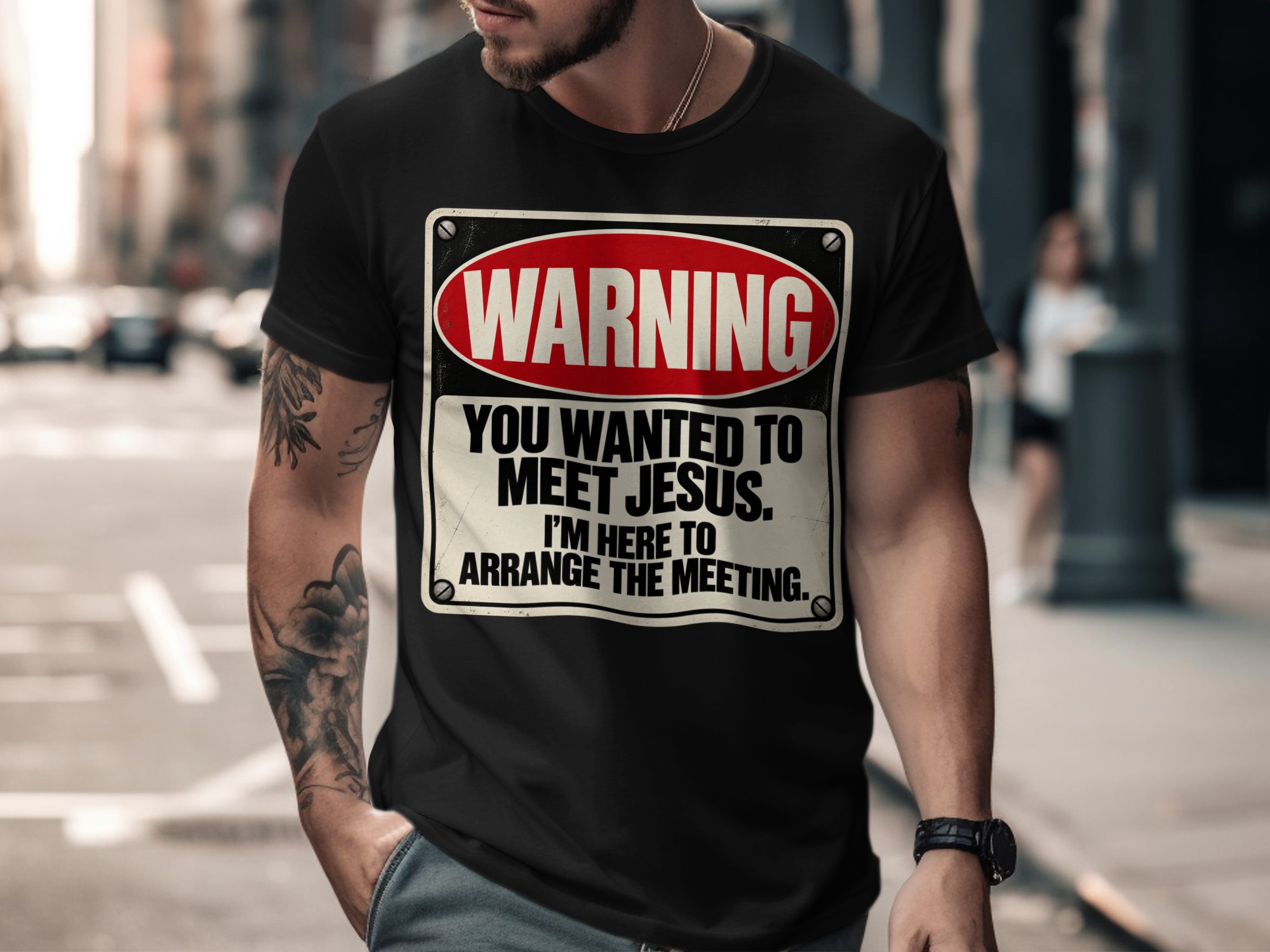 Meet Jesus Sarcastic T-Shirt, Warning Sign Graphic Tee, Funny Dark Humor Shirt for Men, Retro Novelty Streetwear Vintage Quote Top - Image 2