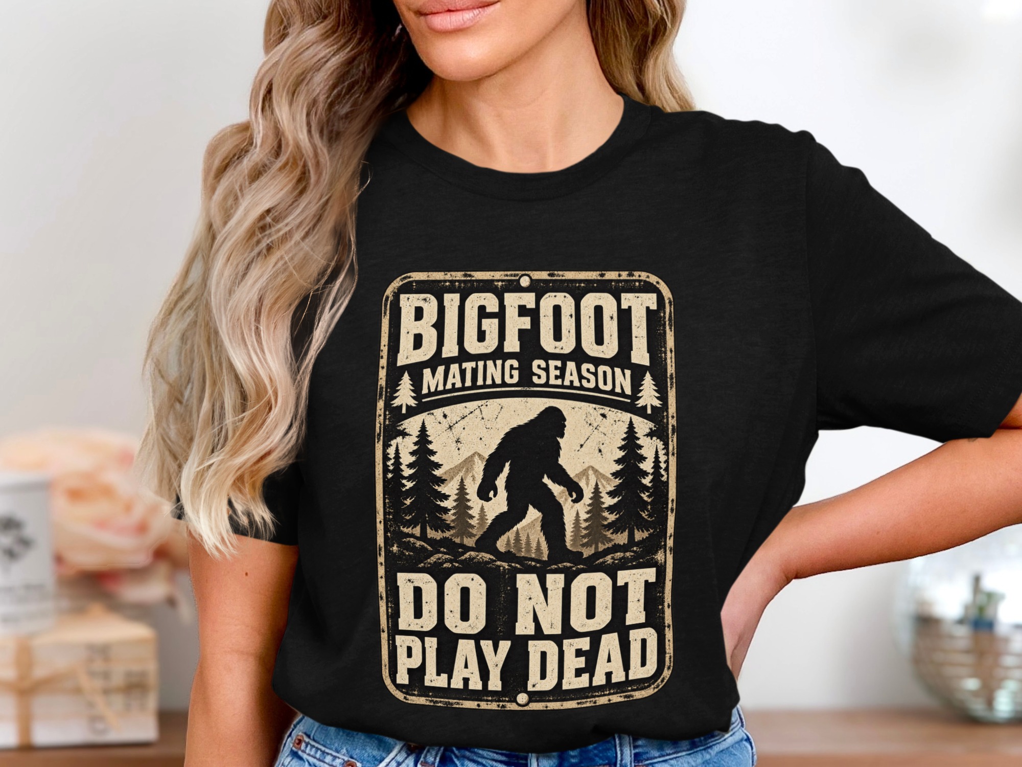 Bigfoot Mating Season T-Shirt, Funny Sasquatch Graphic Tee, Do Not Play Dead Vintage Camping Shirt, Retro Cryptid Outdoor Hiking Gift - Image 3