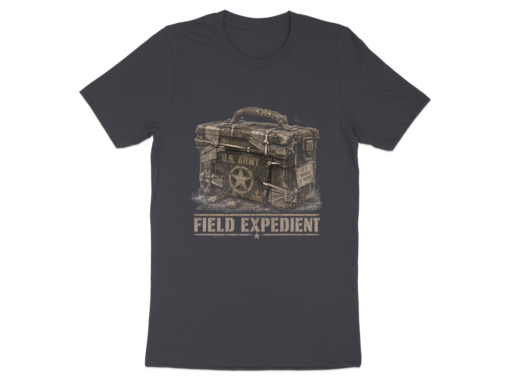 Field Expedient T-Shirt, Funny Military Ammo Box Graphic Tee, Army Veteran Humor Shirt, Vintage Tactical Mechanic Gift for Him, Grunt Tee - Image 10