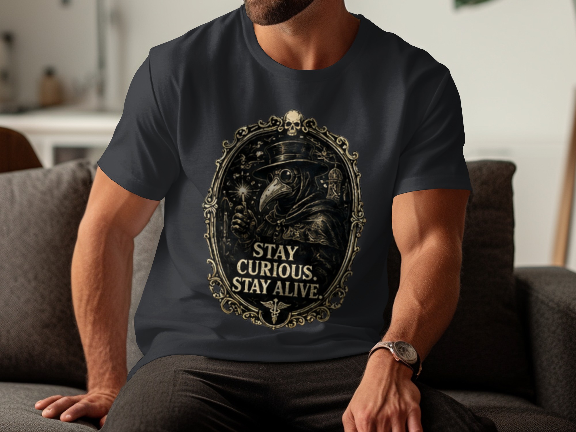 Plague Doctor 'Stay Curious' Gothic Renaissance T-Shirt, Dark Academia Aesthetic Medical Tee Gift - Image 3