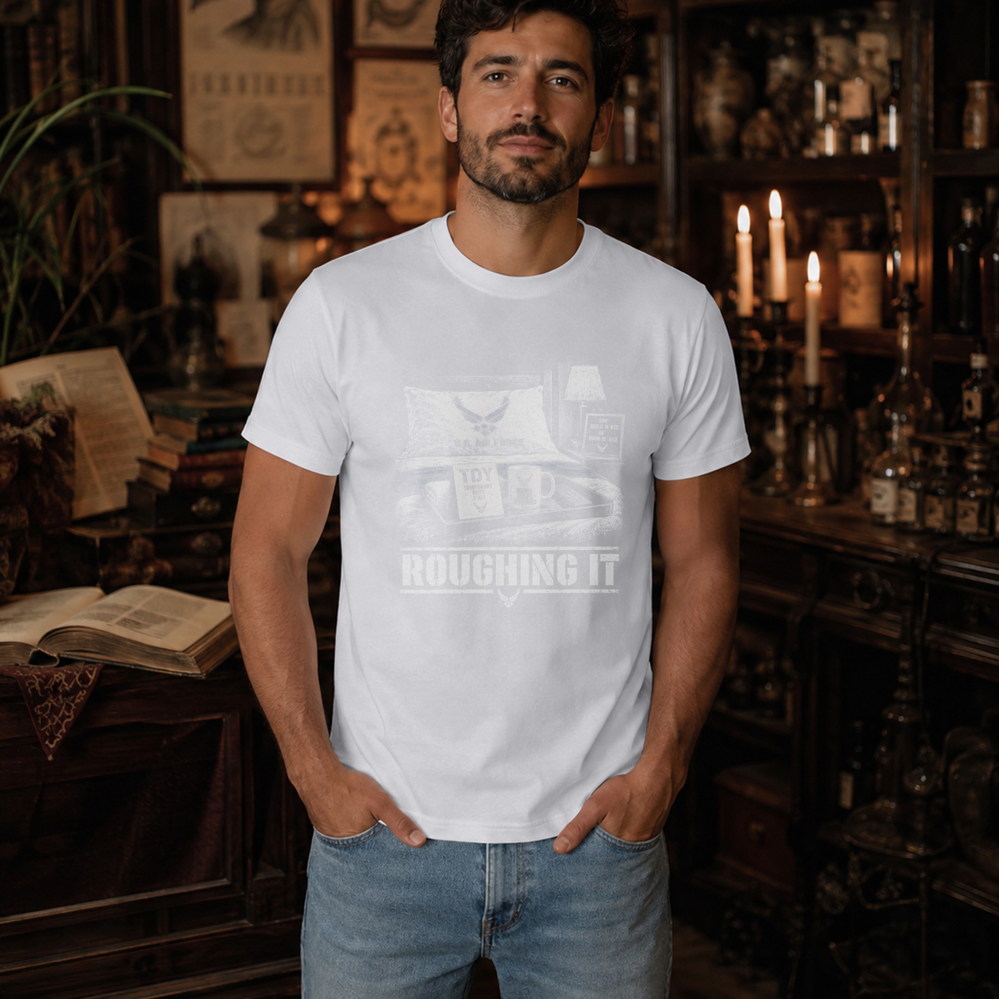 Funny Air Force T-Shirt, Military Humor Roughing It TDY Joke Graphic Tee, Sarcastic Airman Veteran Gift, Aviation Chair Force Shirt - Image 6