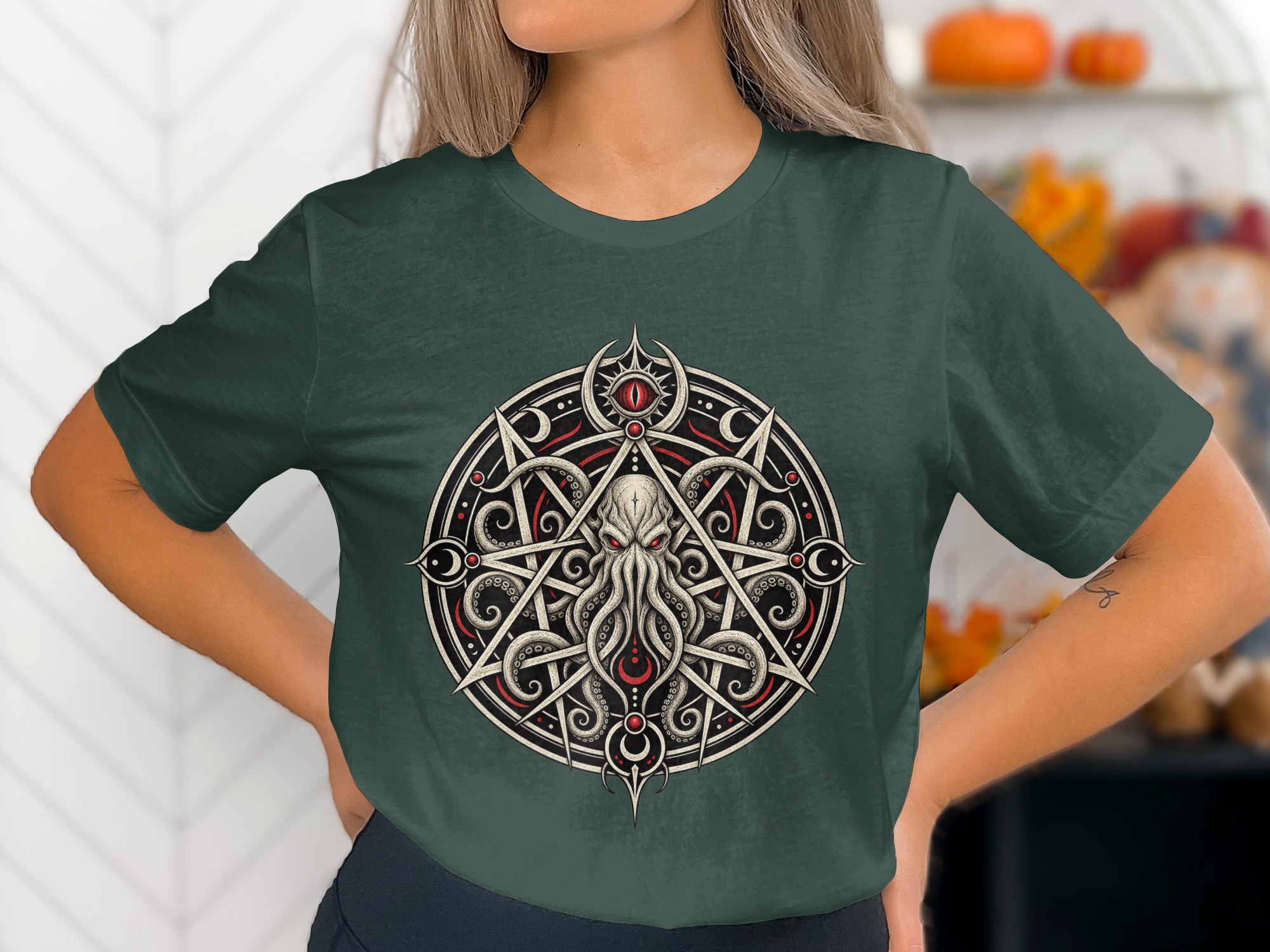 Lovecraftian Cthulhu Pentagram T-Shirt, Eldritch Horror Eye Gothic Occult Graphic Tee for Dark Academia Fans & Fantasy Fan Gift - Image 19