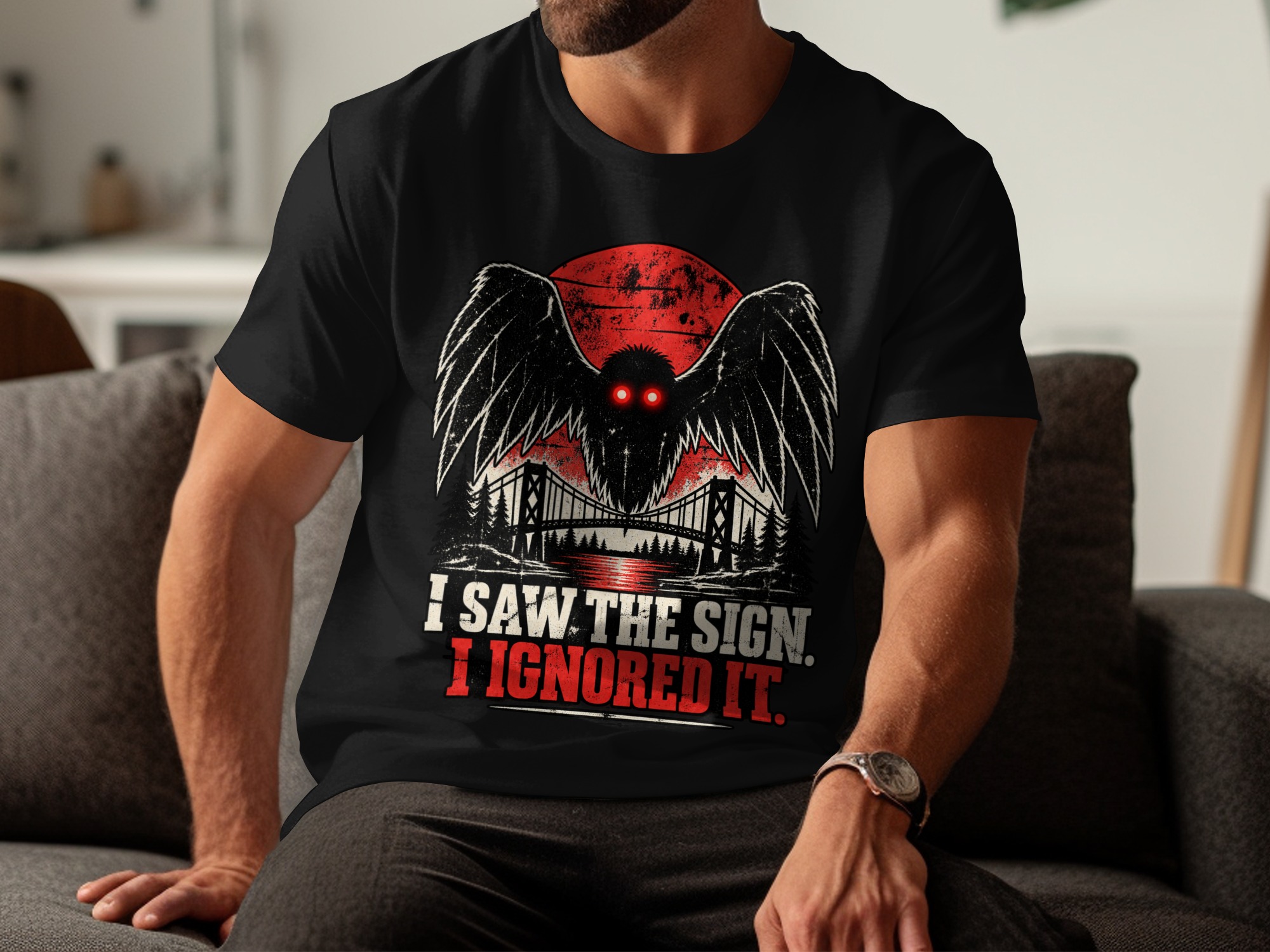 Mothman T-Shirt Funny Cryptid Graphic Tee, Retro Vintage Horror Shirt, I Saw The Sign Paranormal Dark Humor Streetwear Gift - Image 3
