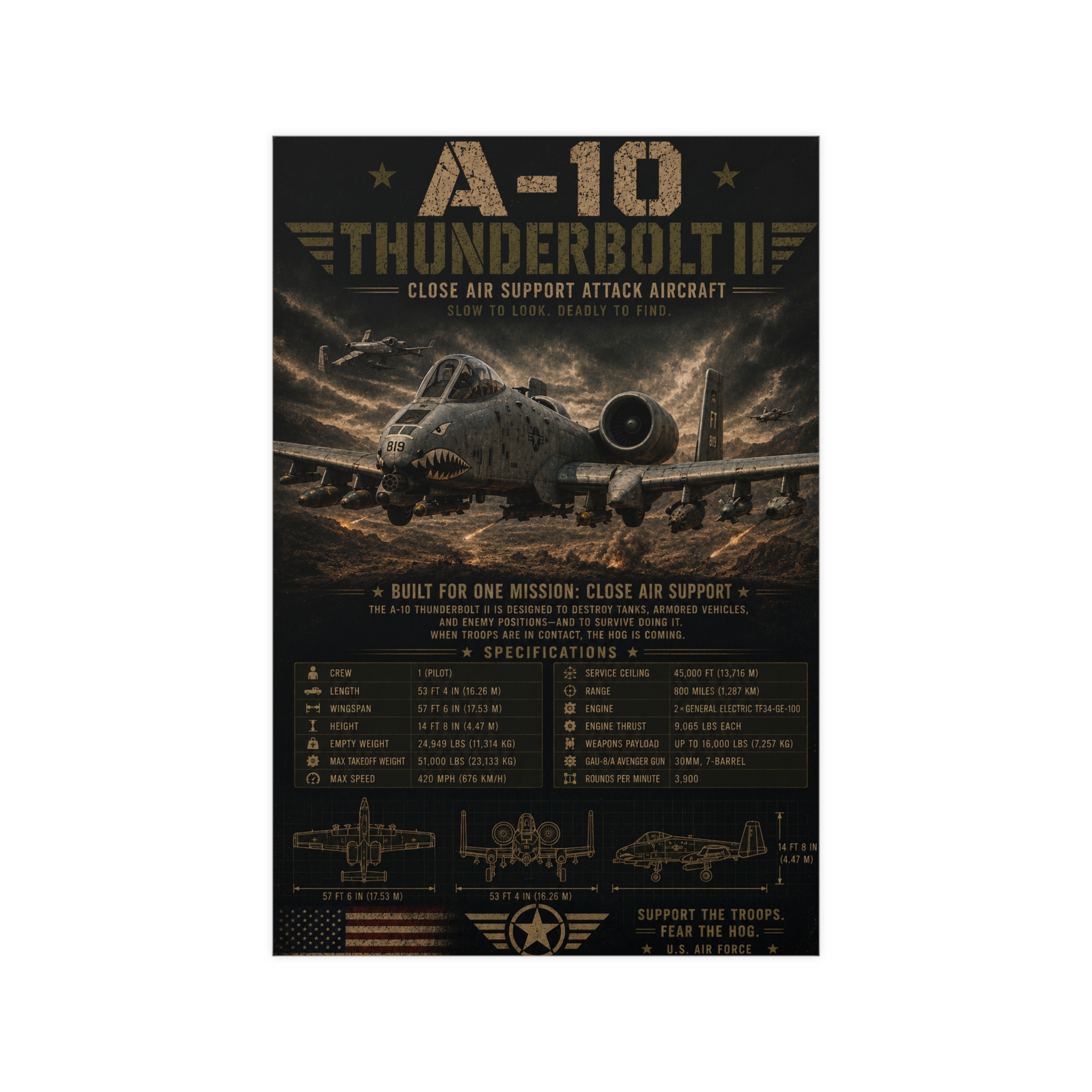 A-10 Thunderbolt II Warthog Poster, US Air Force Military Aviation Art Print, Pilot, Veteran, Man Cave Decor Gift